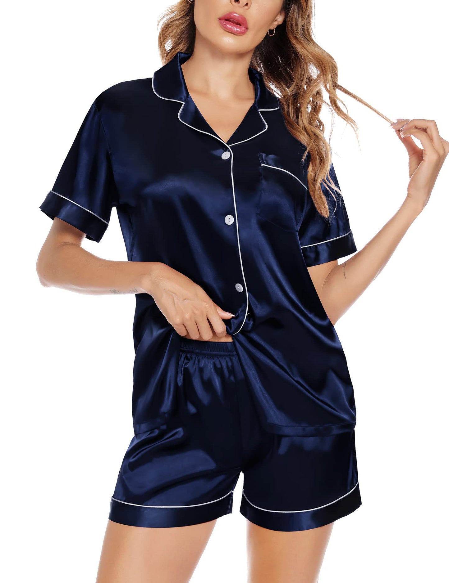 SWOMOG Satin Matching Pajamas Sets Couple Silk Button Down Nightwear Short Sleeve Sleepwear 2 Pieces Loungewear with Shorts