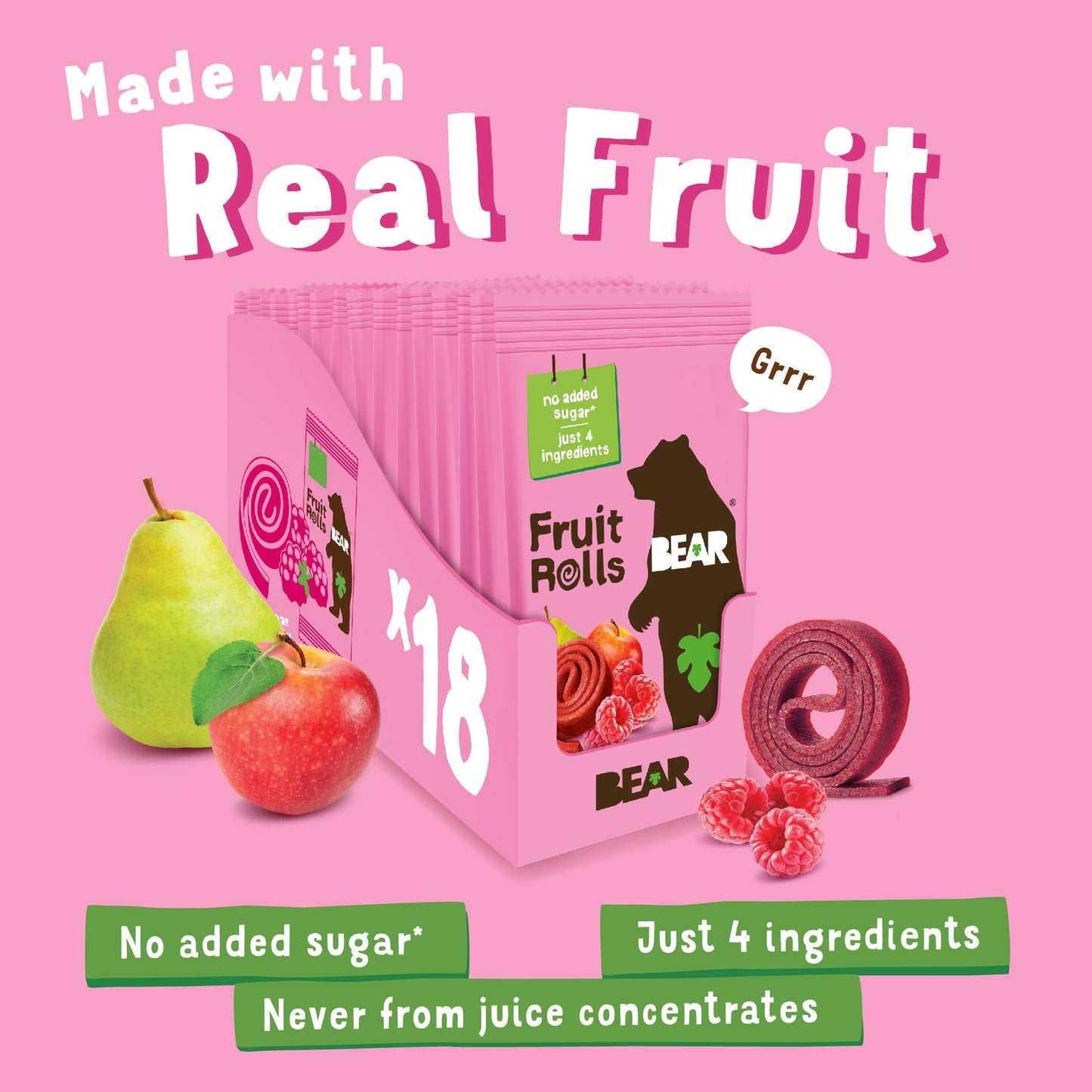 BEAR Real Fruit Snack Rolls - Gluten Free, Vegan, and Non-GMO - Strawberry – Healthy School And Lunch Snacks For Kids And Adults, 0.7 Ounce (Pack of 12)