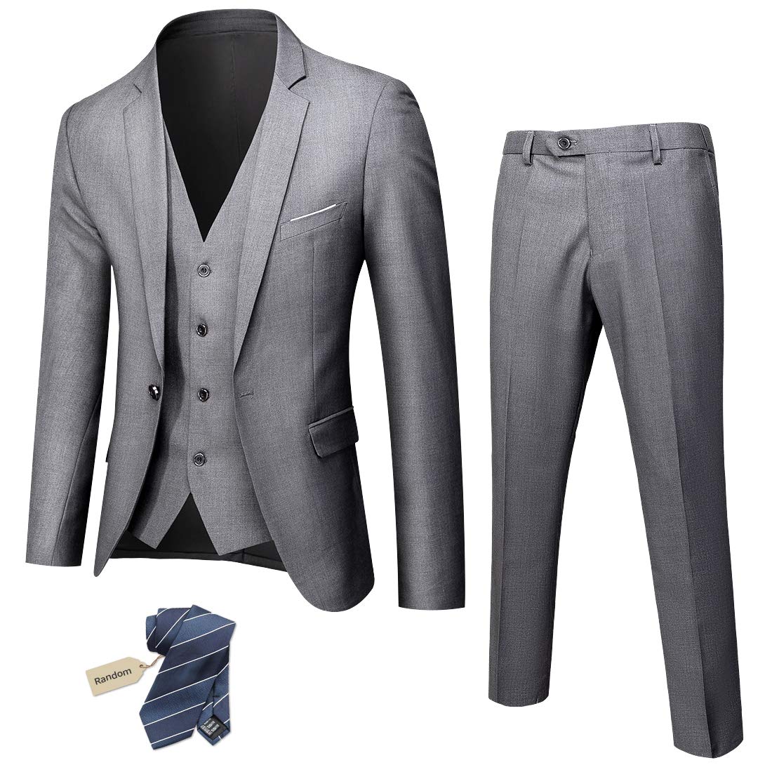 MYS Men's 3 Piece Slim Fit Suit Set, One Button Solid Jacket Vest Pants with Tie