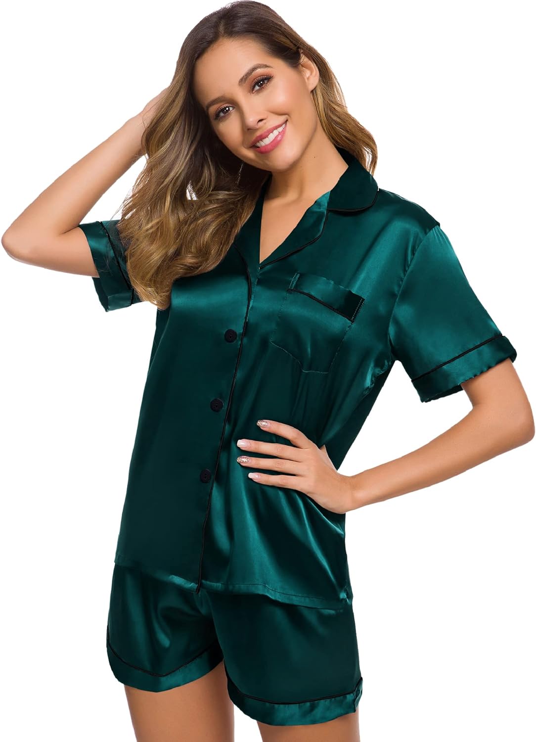 SWOMOG Womens Silk Satin Pajamas Set Two-piece Pj Sets Sleepwear Loungewear Button-Down Pj Sets