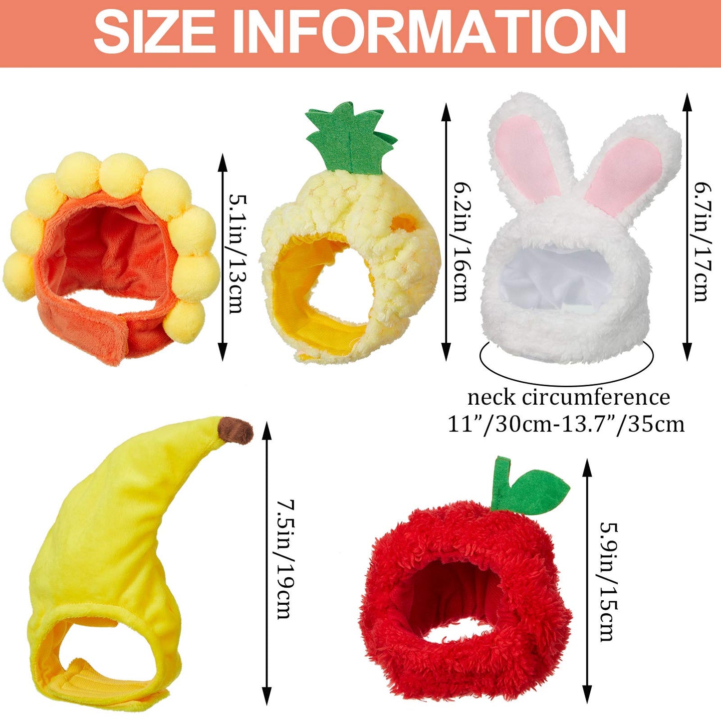 Weewooday 5 Pieces Cat Hat Cat Costume Bunny Hat with Ears Funny Banana Pineapple Cat Hat for Cats and Small Dogs Kitten Puppy Party Costume Accessory Headwear (Vivid Style)