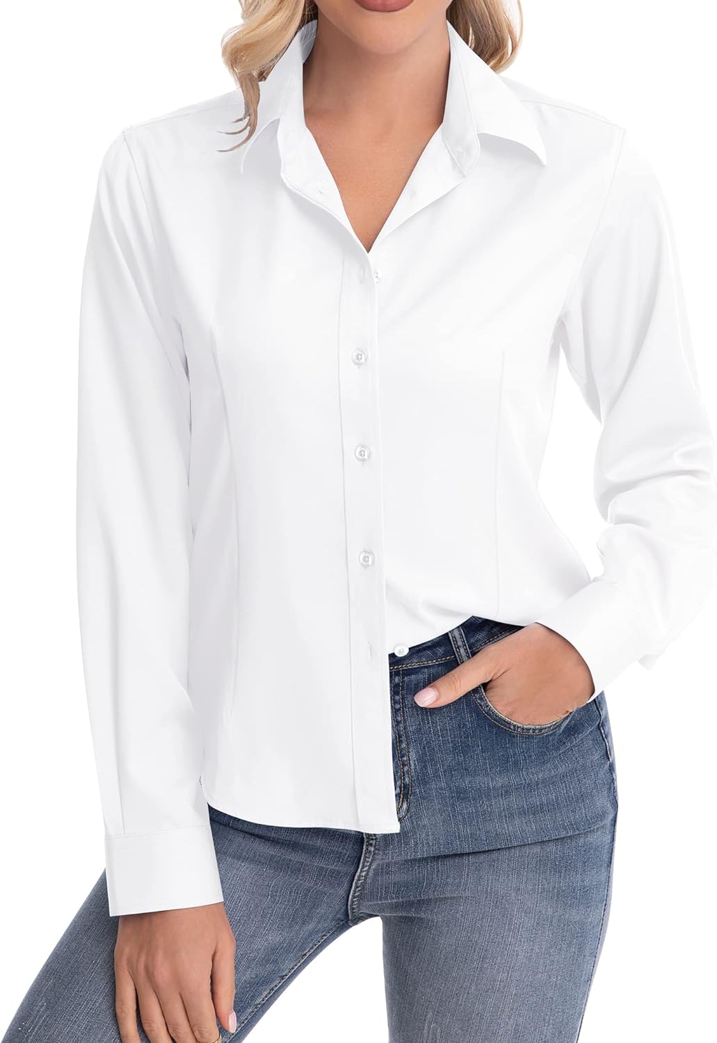 siliteelon Womens Classic-Fit Dress Shirts Long Sleeve Button Down Wrinkle-Free Stretch Solid Casual Work Office Blouse Top