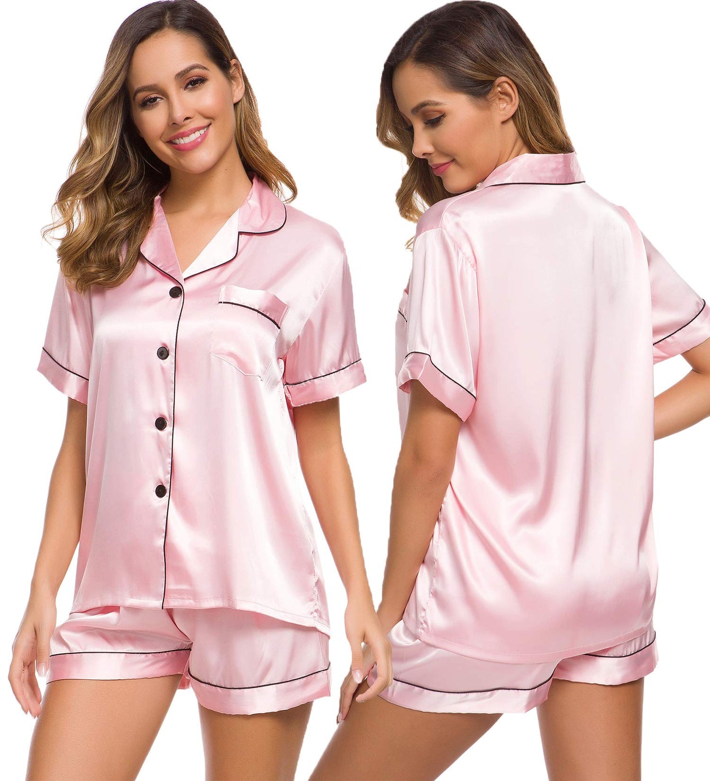 SWOMOG Womens Silk Satin Pajamas Set Two-piece Pj Sets Sleepwear Loungewear Button-Down Pj Sets