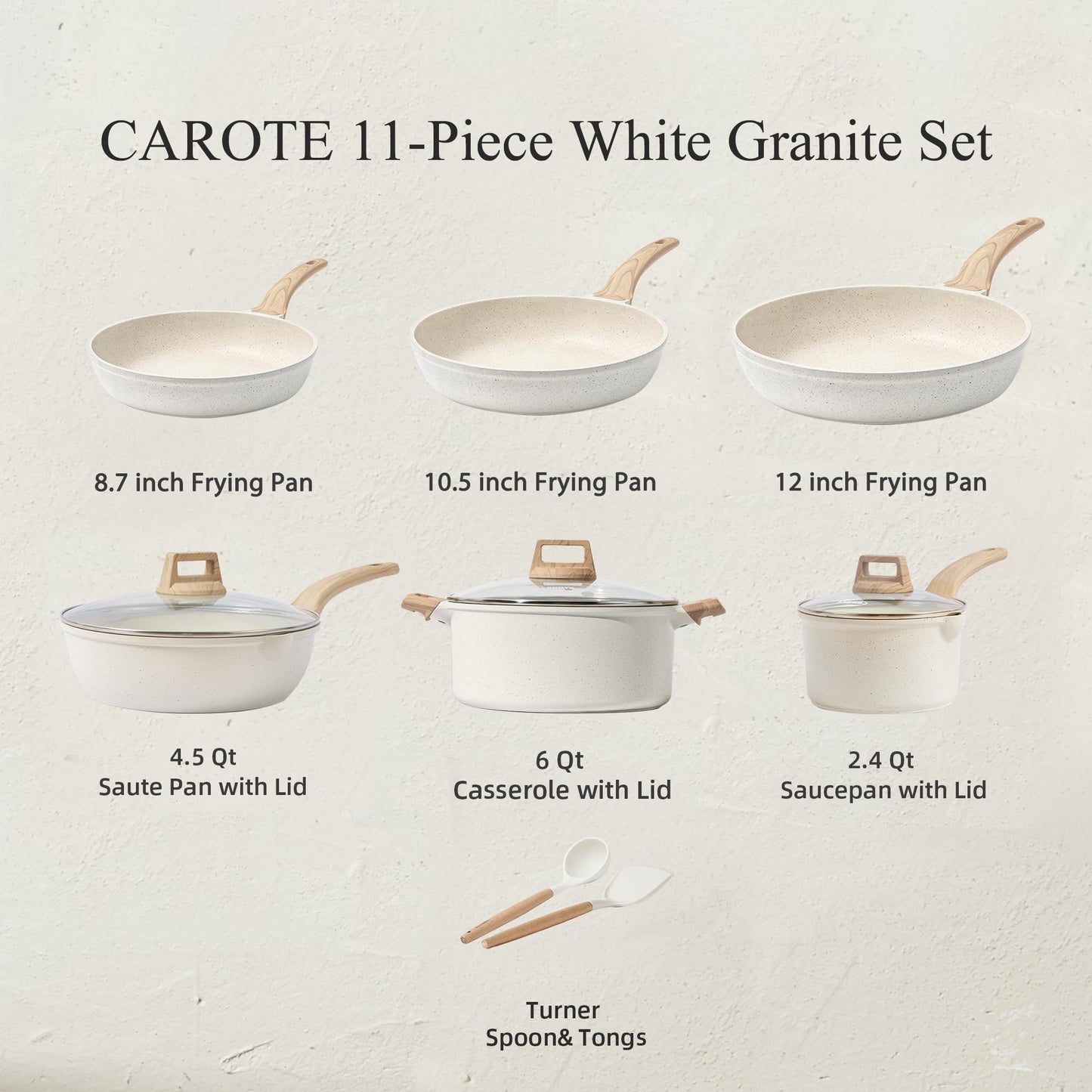 CAROTE Pots and Pans Set Nonstick, White Granite Induction Kitchen Cookware Set, 10 Pcs Non Stick Cooking Set w/Frying Pans & Saucepans(PFOS, PFOA Free)