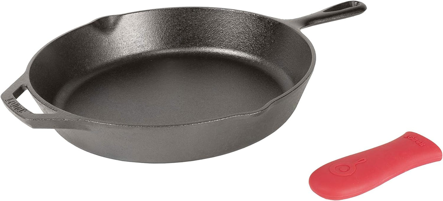 Lodge Cast Iron Skillet with Red Silicone Hot Handle Holder, 12-inch