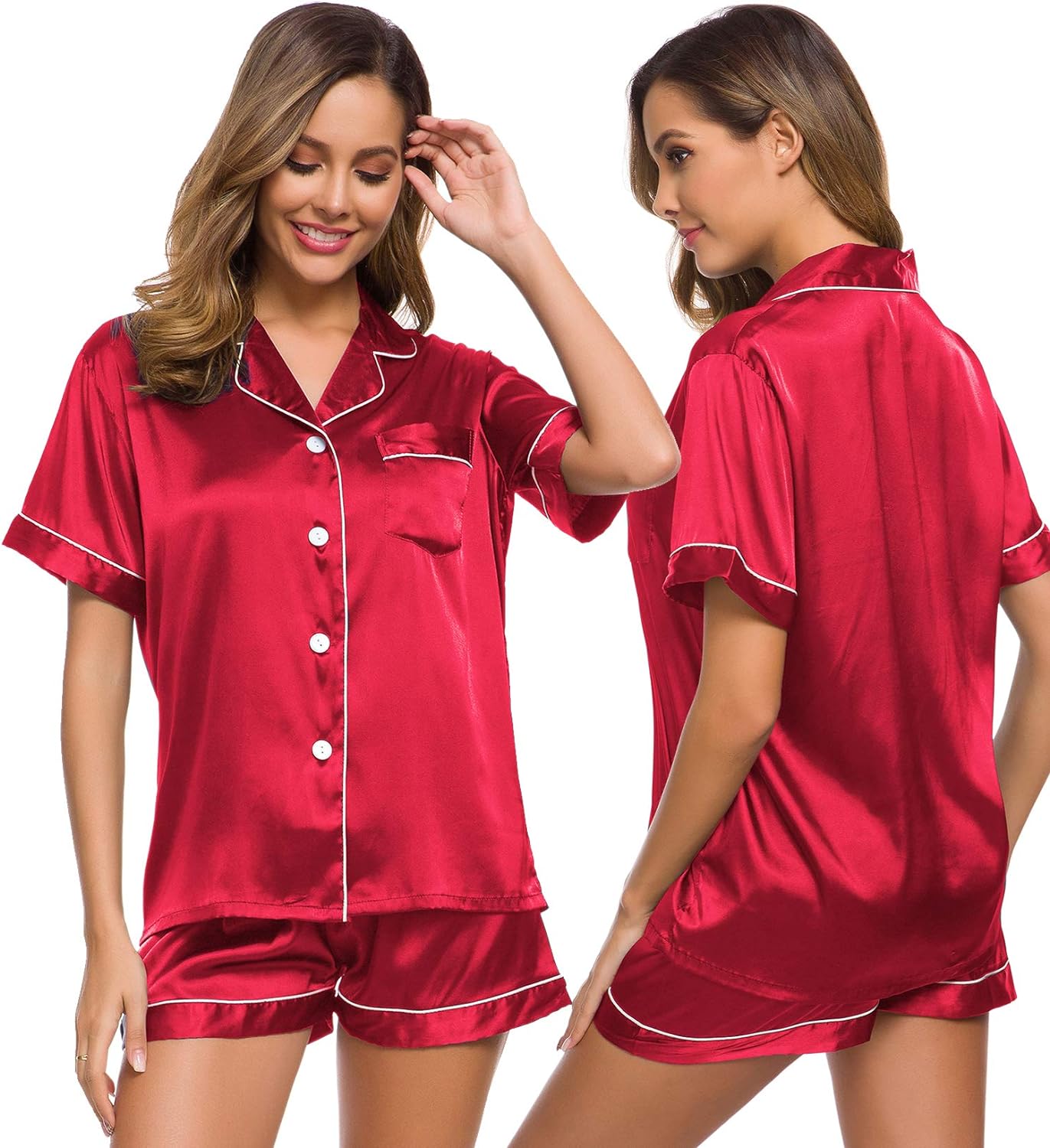 SWOMOG Womens Silk Satin Pajamas Set Two-piece Pj Sets Sleepwear Loungewear Button-Down Pj Sets