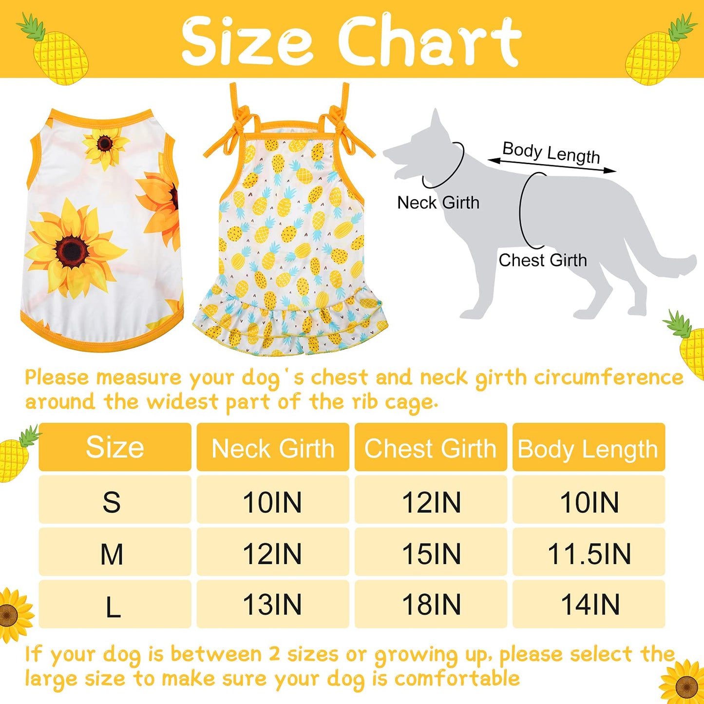 4 Pieces Pet Clothes Set Include 2 Pieces Cute Pet Dress Lovely Fruit Dog Dress and 2 Pieces Dog Shirt Breathable Pet T-Shirt Puppy Clothes for Pet (Pineapple, Sunflower,Medium)