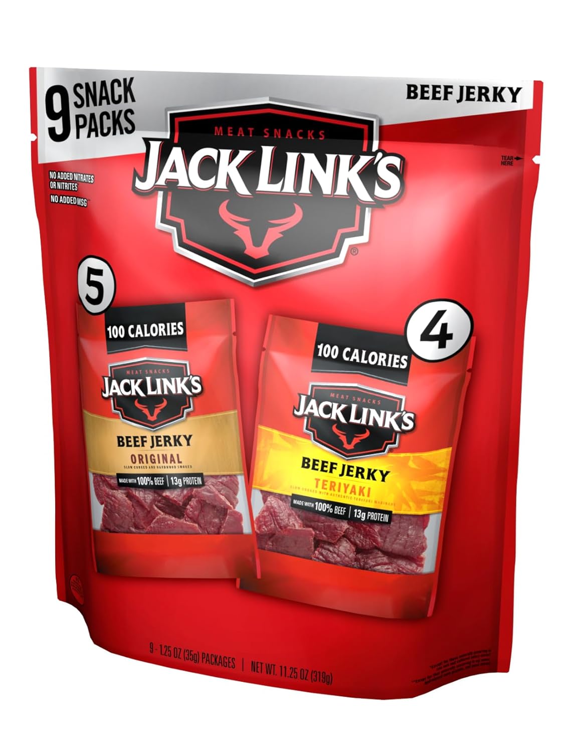 Jack Link's Beef Jerky Variety - Includes Original and Teriyaki Flavors, On the Go Snacks, 13g of Protein Per Serving, 9 Count of 1.25 Oz Bags