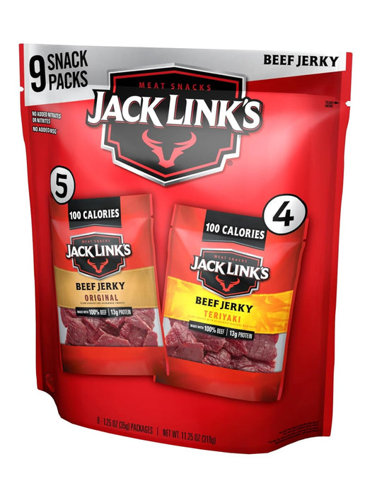 Jack Link's Beef Jerky Variety - Includes Original and Teriyaki Flavors, On the Go Snacks, 13g of Protein Per Serving, 9 Count of 1.25 Oz Bags