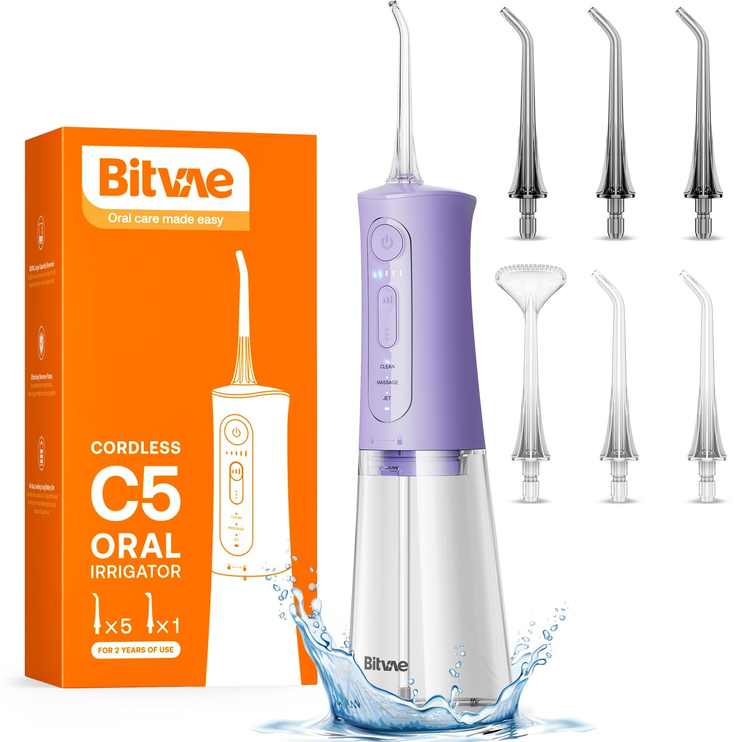 Bitvae C5 Water Dental Flosser for Teeth, Cordless Water Teeth Cleaner Picks, 3 Modes 5 Intensities, IPX7 Waterproof Water Flosser, 6 Tips Rechargeable Water Dental Picks for Cleaning - Black