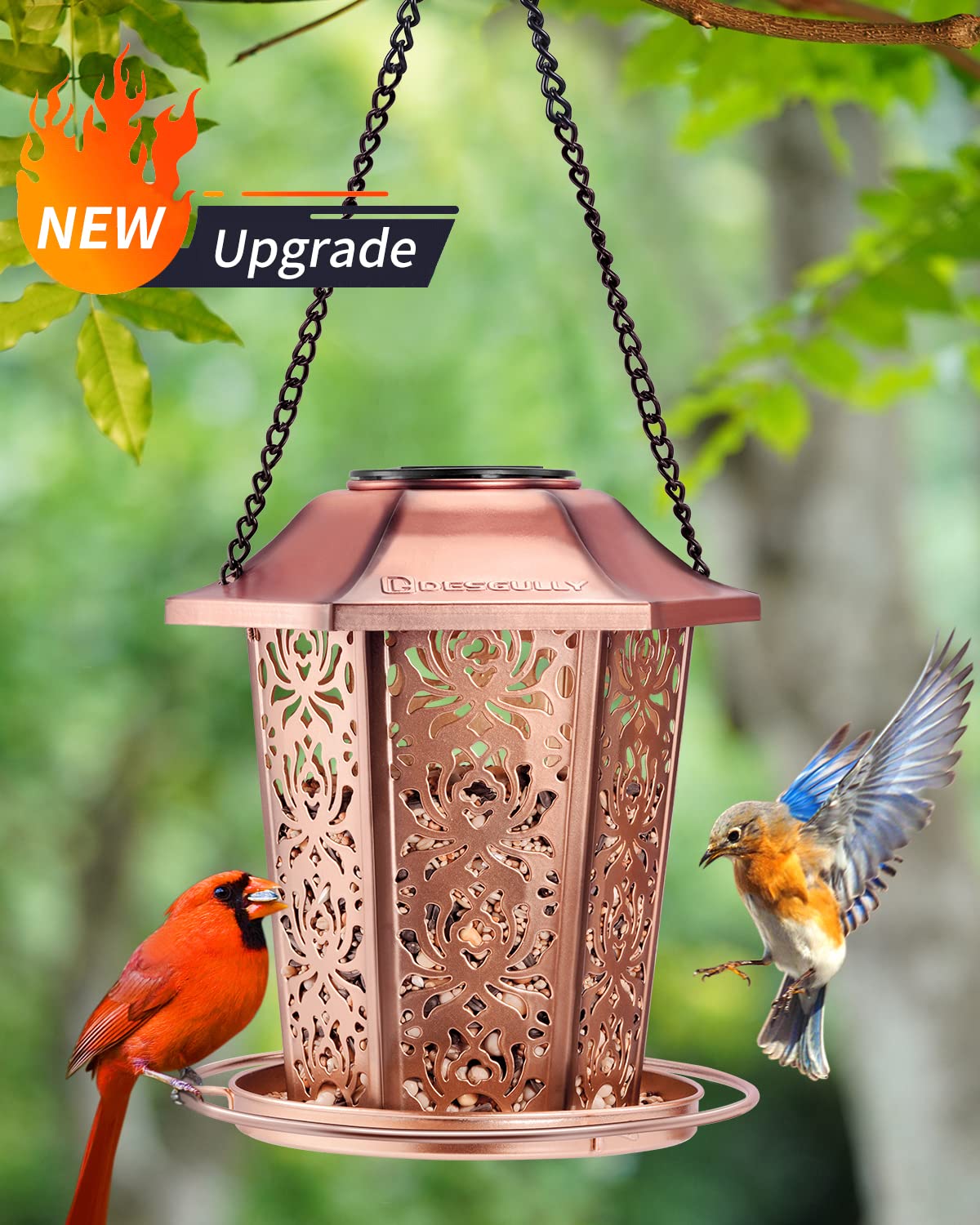 Solar Bird Feeders for Outdoors Hanging - Premium Grade Metal Bird Feeder, Chew-Proof, Weather and Water Resistant Wild Bird feeders, Outside and Garden Decoration-New