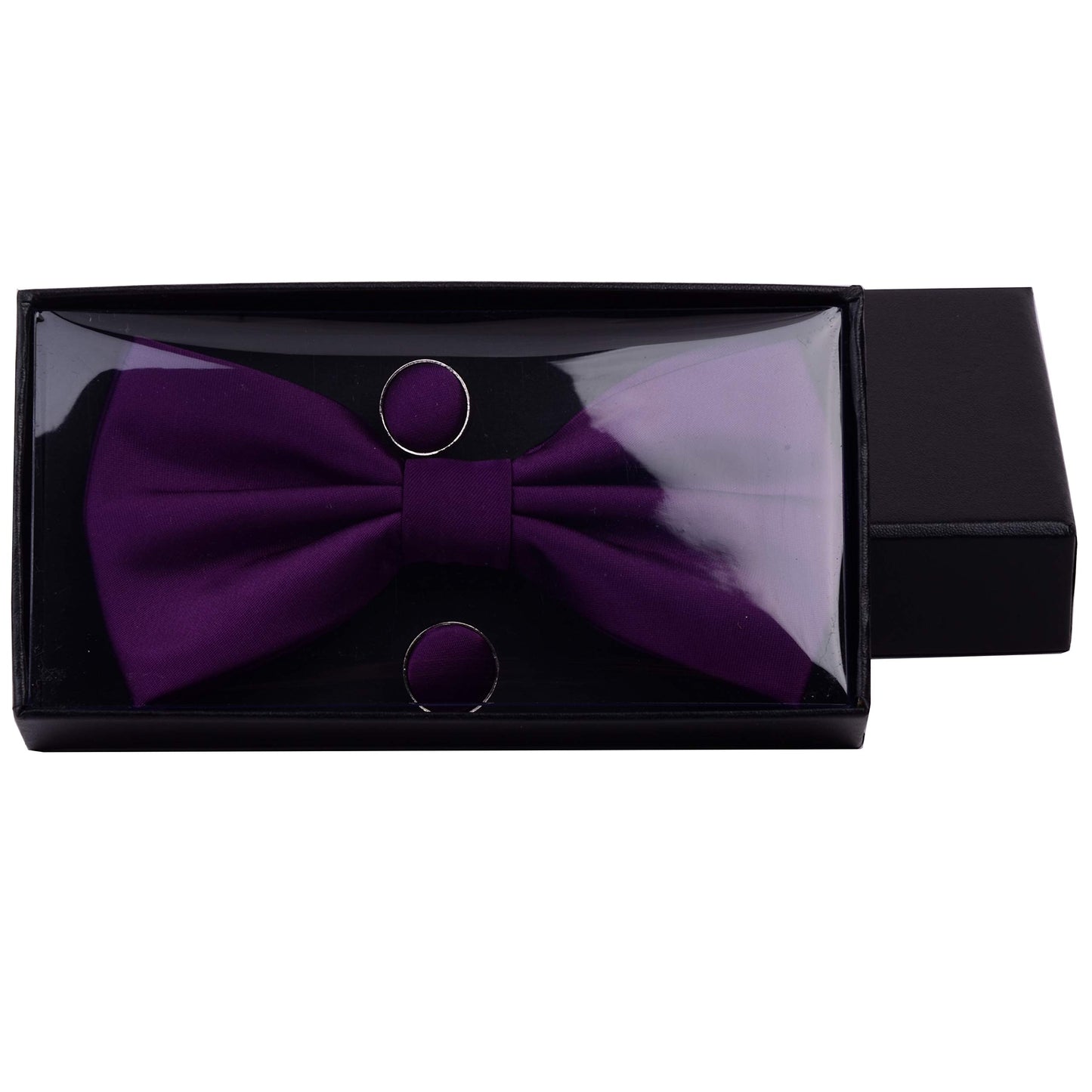 GUSLESON Mens Solid Color Double Fold Pre-tied Bow Tie and Pocket Square Cufflink Set with Gift Box