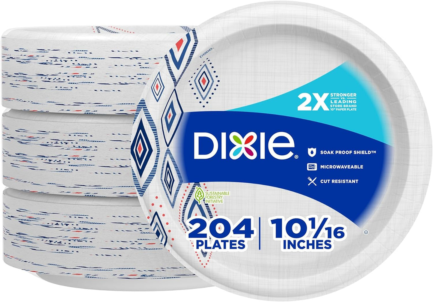 Dixie Large Paper Plates, 10 Inch, 204 Count, 2X Stronger*, Microwave-Safe, Soak-Proof, Cut Resistant, Disposable Plates For Everyday Breakfast, Lunch, & Dinner Meals