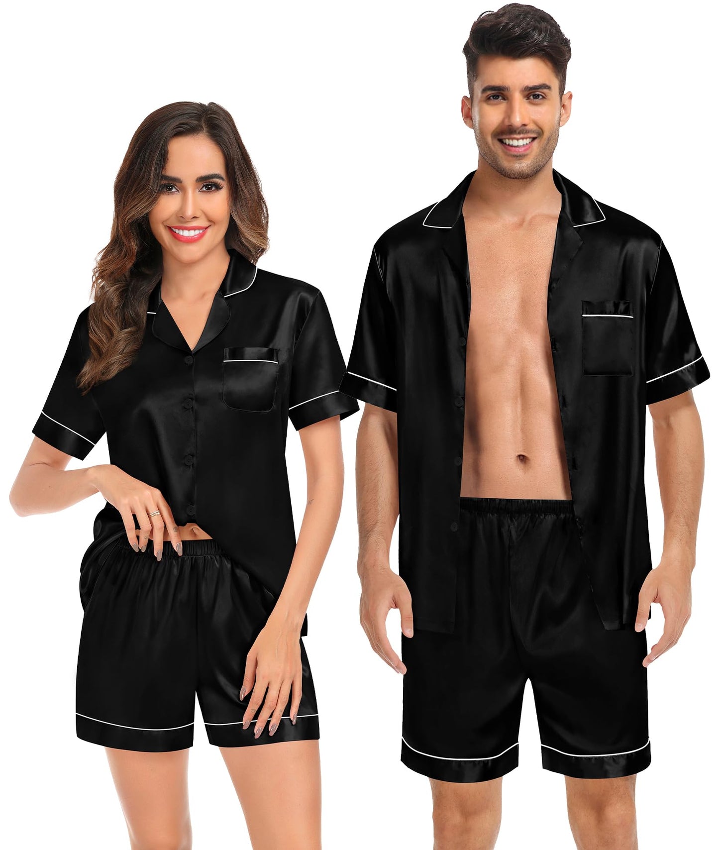 SWOMOG Couples Matching Pajamas Set Satin Short Sleeve Button Down Tops Silk Shorts Pj Lounge Set Soft Sleepwear