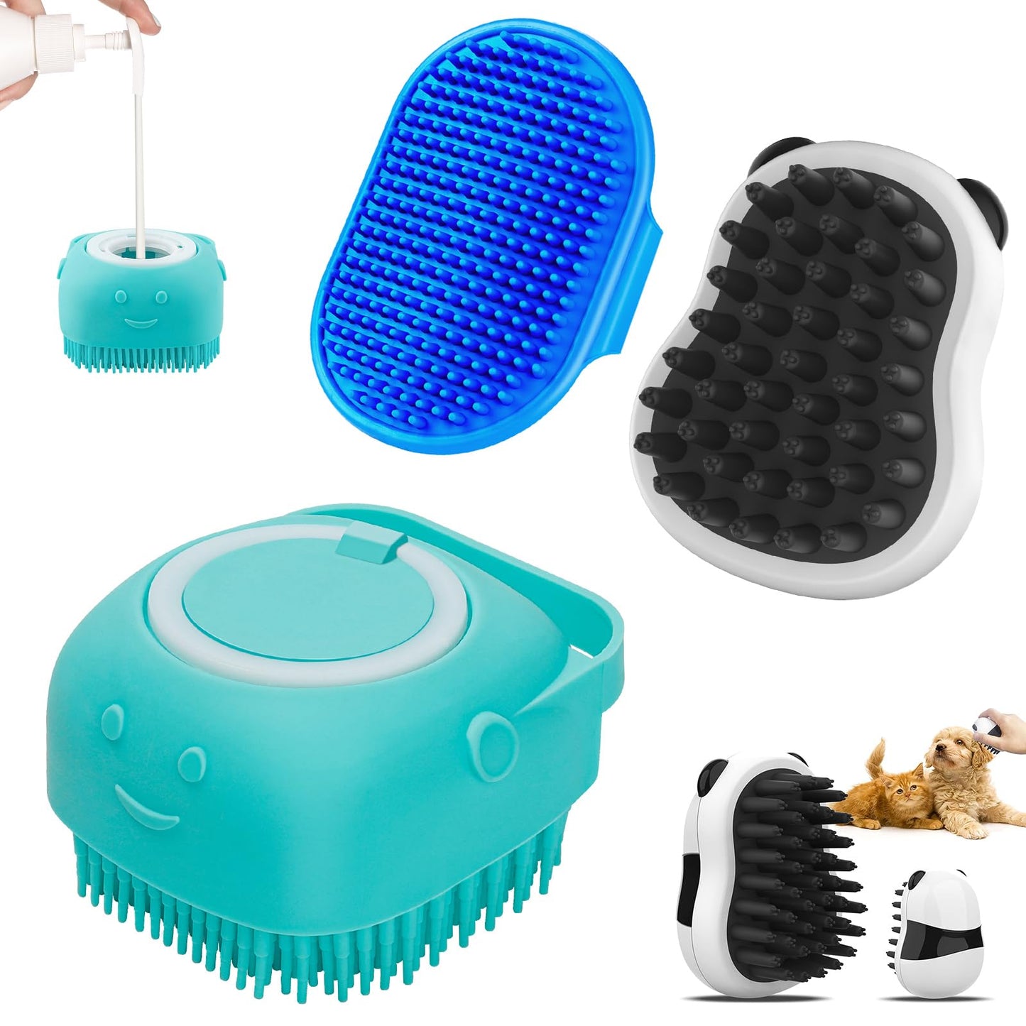 3PCS Dog Bath Brush | Dog Shampoo Brush | Dog Scrubber for Bath | Dog/Grooming/Washing Brush Scrubber with Adjustable Ring Handle for Short & Long Haired Dogs/Cats (Blue Blue White)