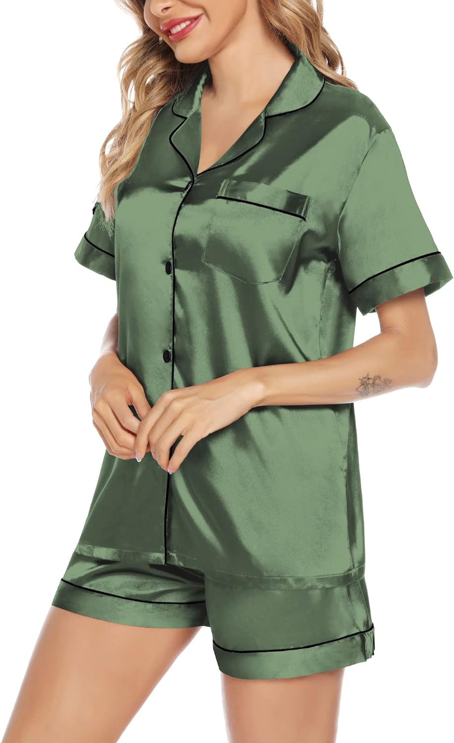 SWOMOG Satin Matching Pajamas Sets Couple Silk Button Down Nightwear Short Sleeve Sleepwear 2 Pieces Loungewear with Shorts