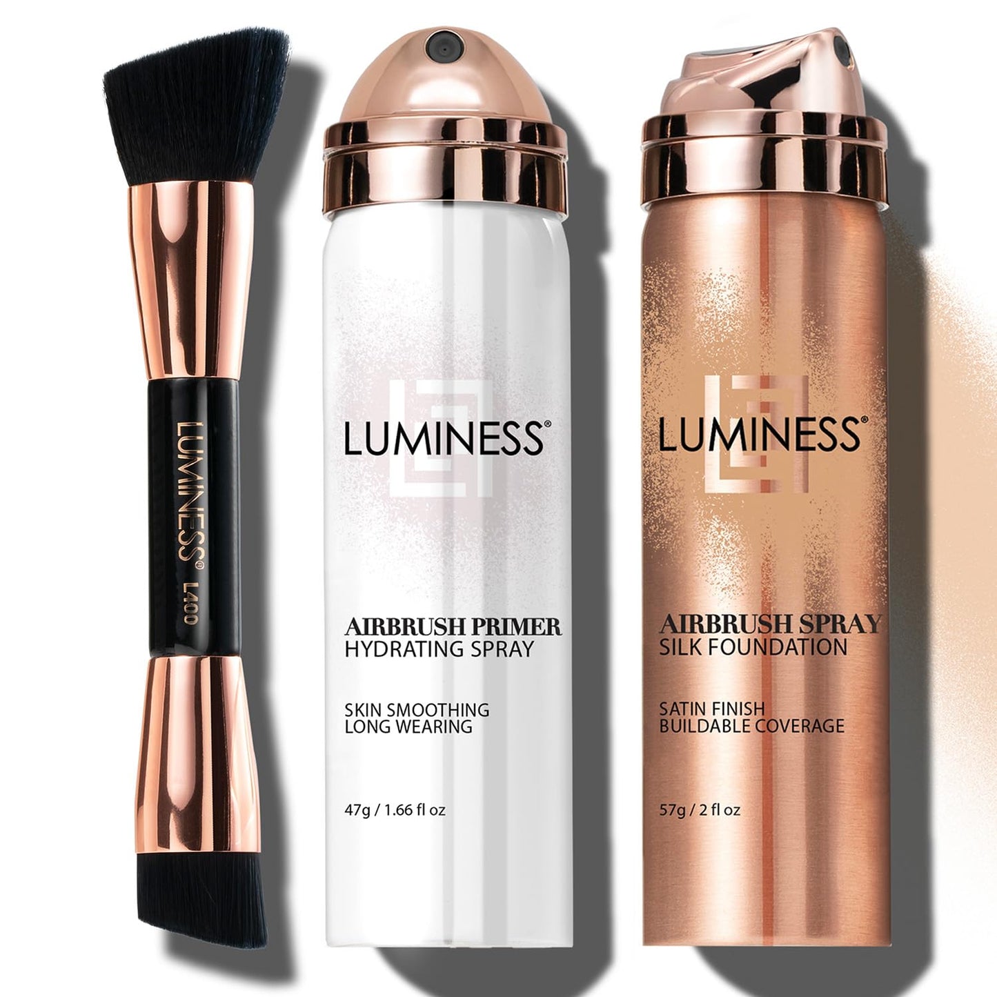 LUMINESS Airbrush Spray Silk Foundation Starter Kit - Medium Dark - Foundation, Primer & Dual-Sided Angled Buffing Brush - Medium, Buildable Coverage, Anti-Aging Formula Hydrates & Moisturizes