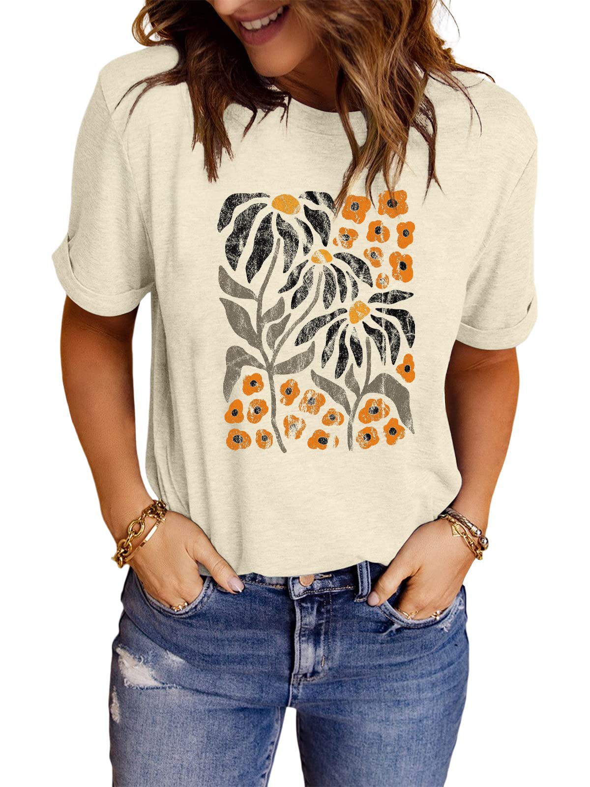 Anbech Womens Dandelion Graphic T-Shirts Teen Girls Cute Sunflower Trendy Clothes Casual Tee Tops