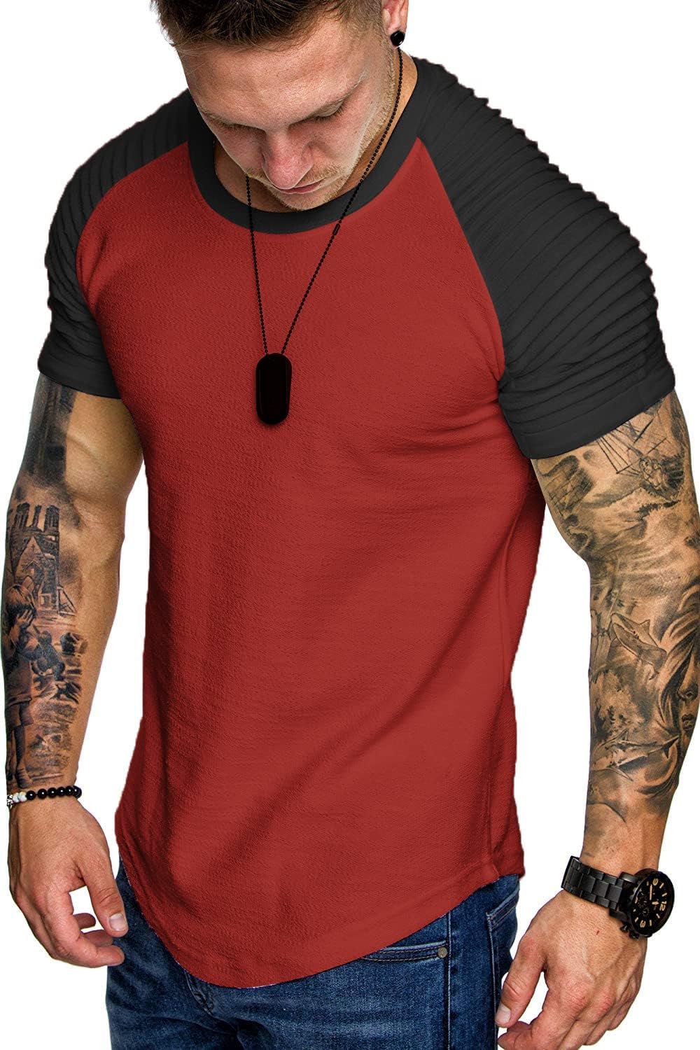 COOFANDY Men's Muscle T-Shirt Pleated Raglan Sleeve Bodybuilding Gym Tee Short Sleeve Fashion Workout Shirts Hipster Shirt