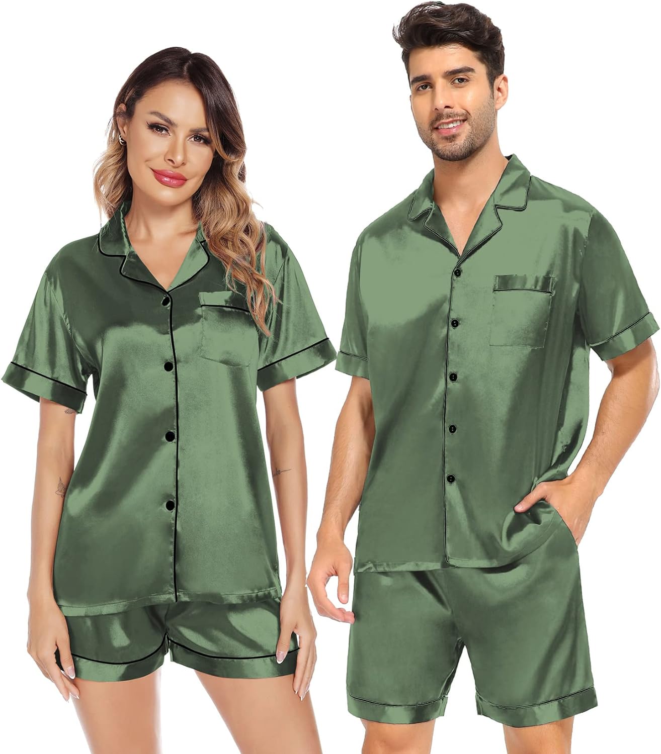 SWOMOG Satin Matching Pajamas Sets Couple Silk Button Down Nightwear Short Sleeve Sleepwear 2 Pieces Loungewear with Shorts