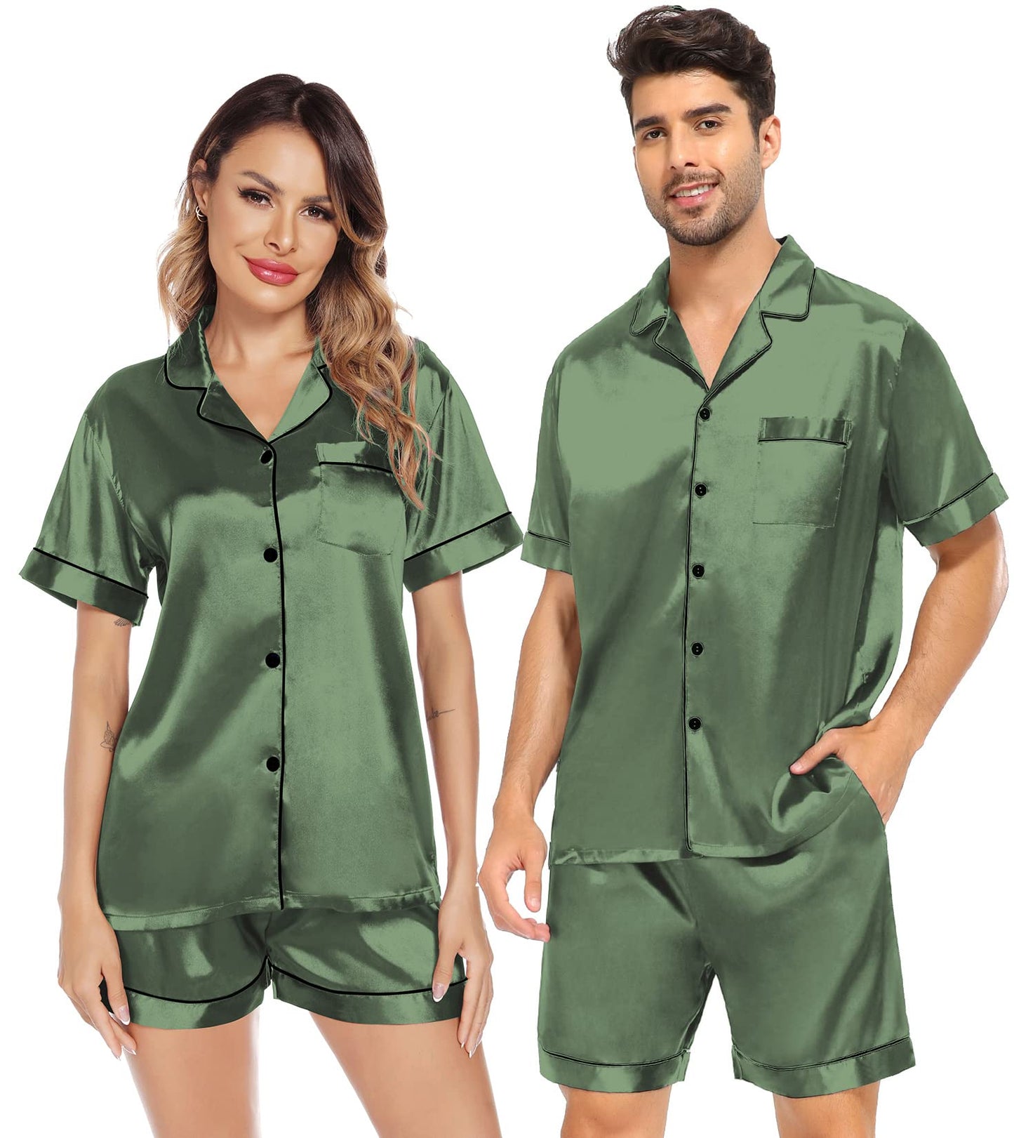 SWOMOG Satin Matching Pajamas Sets Couple Silk Button Down Nightwear Short Sleeve Sleepwear 2 Pieces Loungewear with Shorts