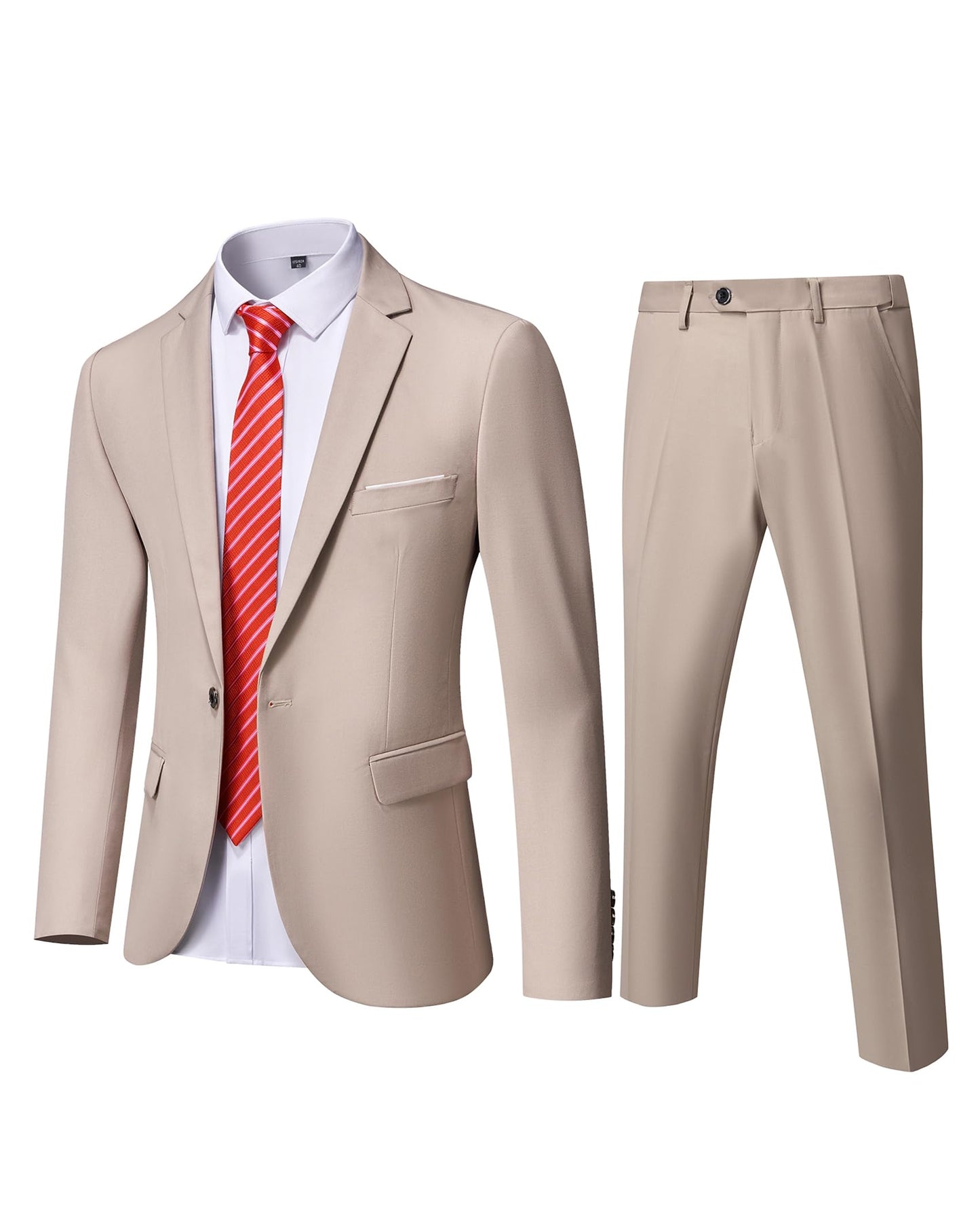 YND Men's Slim Fit 2 Piece Suit, One Button Solid Jacket Pants Set with Tie