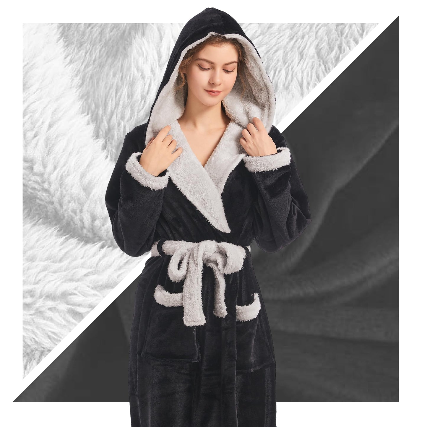 Inner Wish Women Hooded Plush Robe, Fleece Cozy Warm Bathrobe