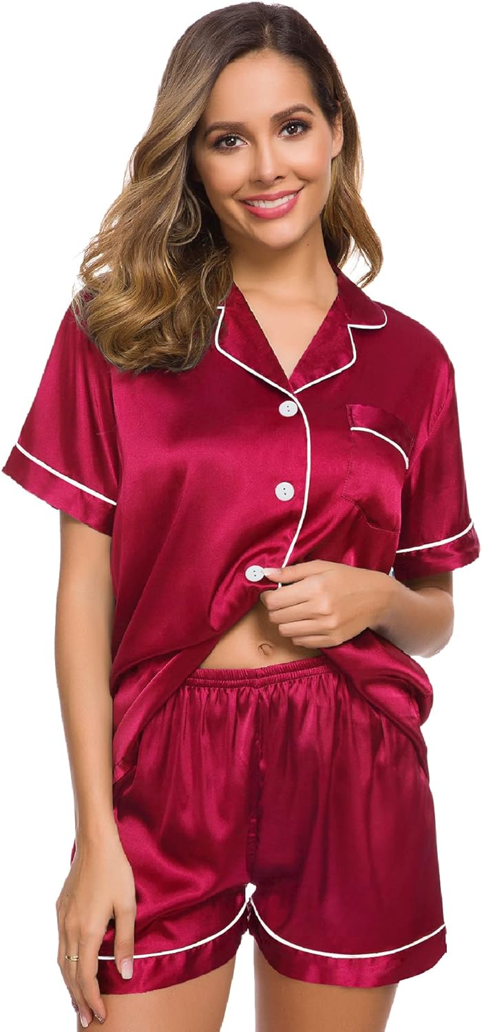 SWOMOG Womens Silk Satin Pajamas Set Two-piece Pj Sets Sleepwear Loungewear Button-Down Pj Sets