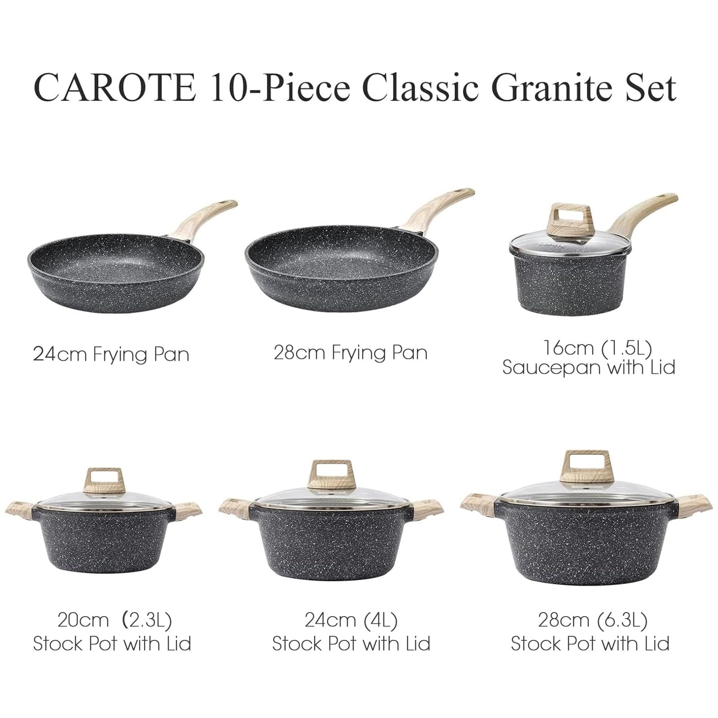 CAROTE Pots and Pans Set Nonstick, White Granite Induction Kitchen Cookware Set, 10 Pcs Non Stick Cooking Set w/Frying Pans & Saucepans(PFOS, PFOA Free)