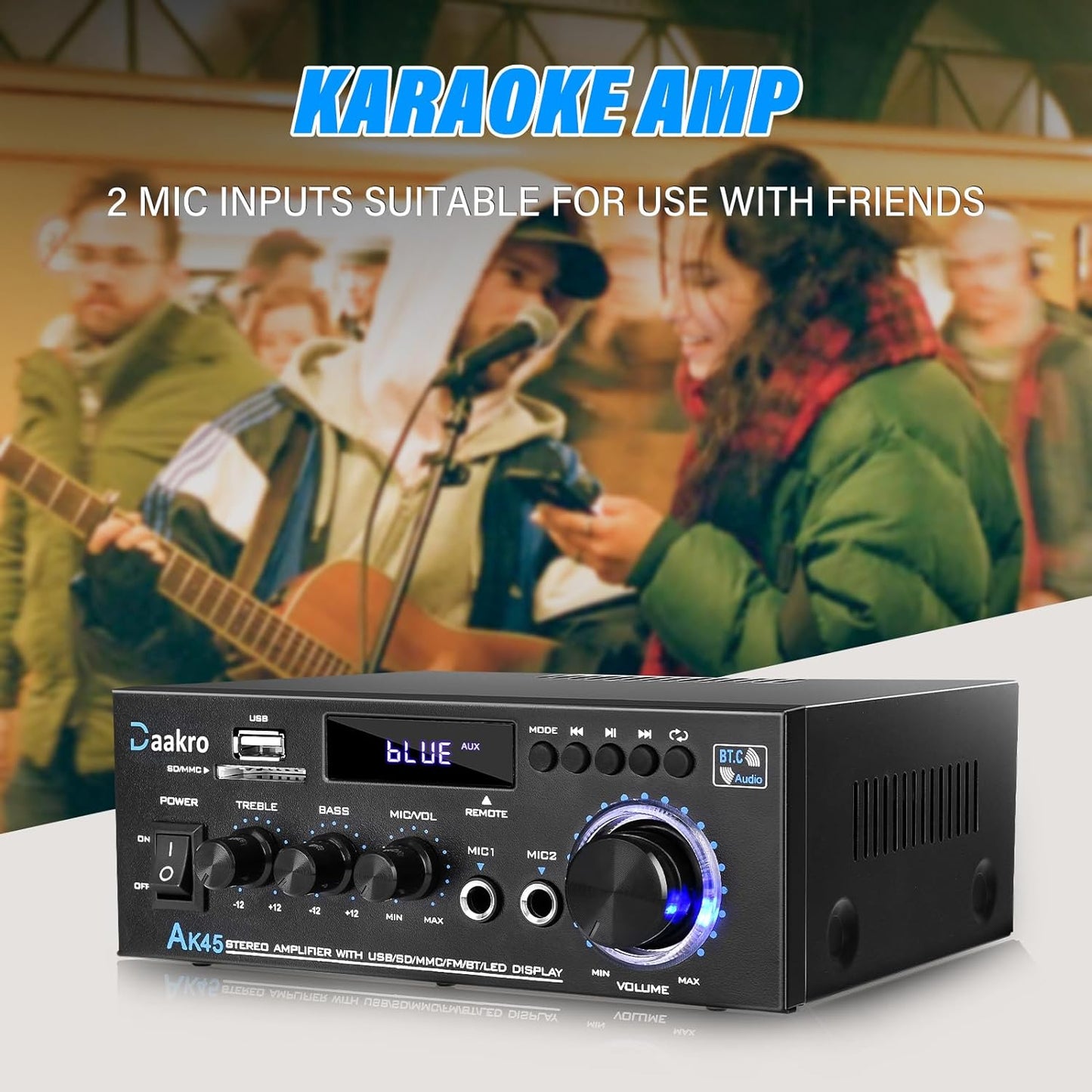 AK45 Stereo Audio Amplifier,300W Home 2 Channel Wireless Bluetooth 5.0 Power Amplifier System, Home Amplifiers FM Radio, USB, SD Card, with Remote Control Home Theater Audio Stereo System