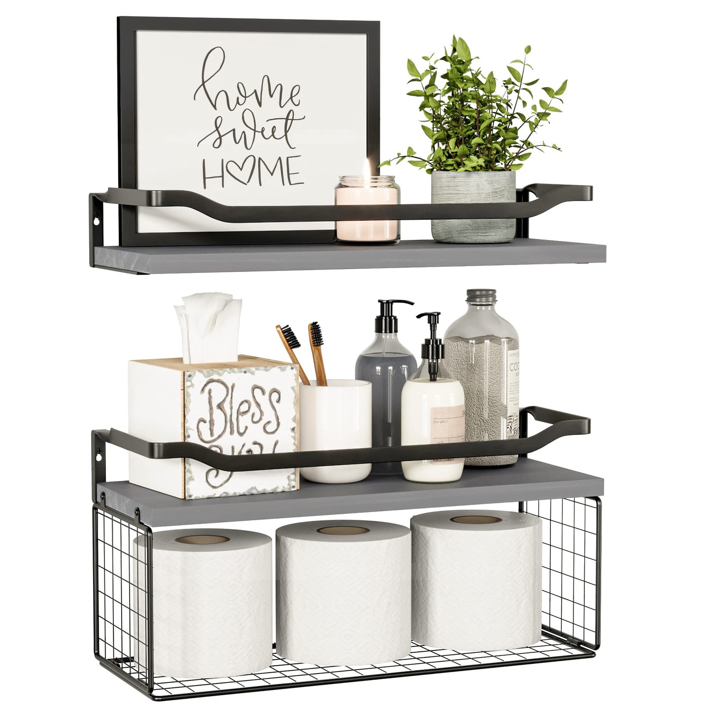 WOPITUES Floating Shelves with Wire Storage Basket, Bathroom Shelves Over Toilet with Protective Metal Guardrail, Wood Wall Shelves for Bathroom, Bedroom, Living Room, Toilet Paper-Black