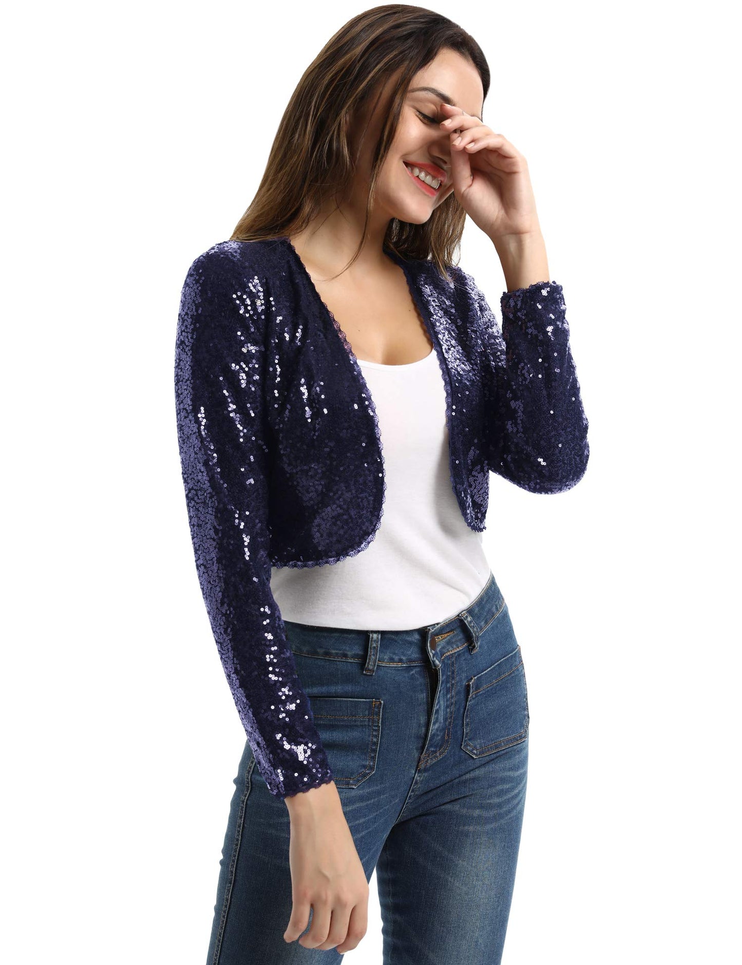 Belle Poque Women's Sequin Jacket Long Sleeve Open Front Glitter Cropped Blazer Bolero Shrug S-XXL