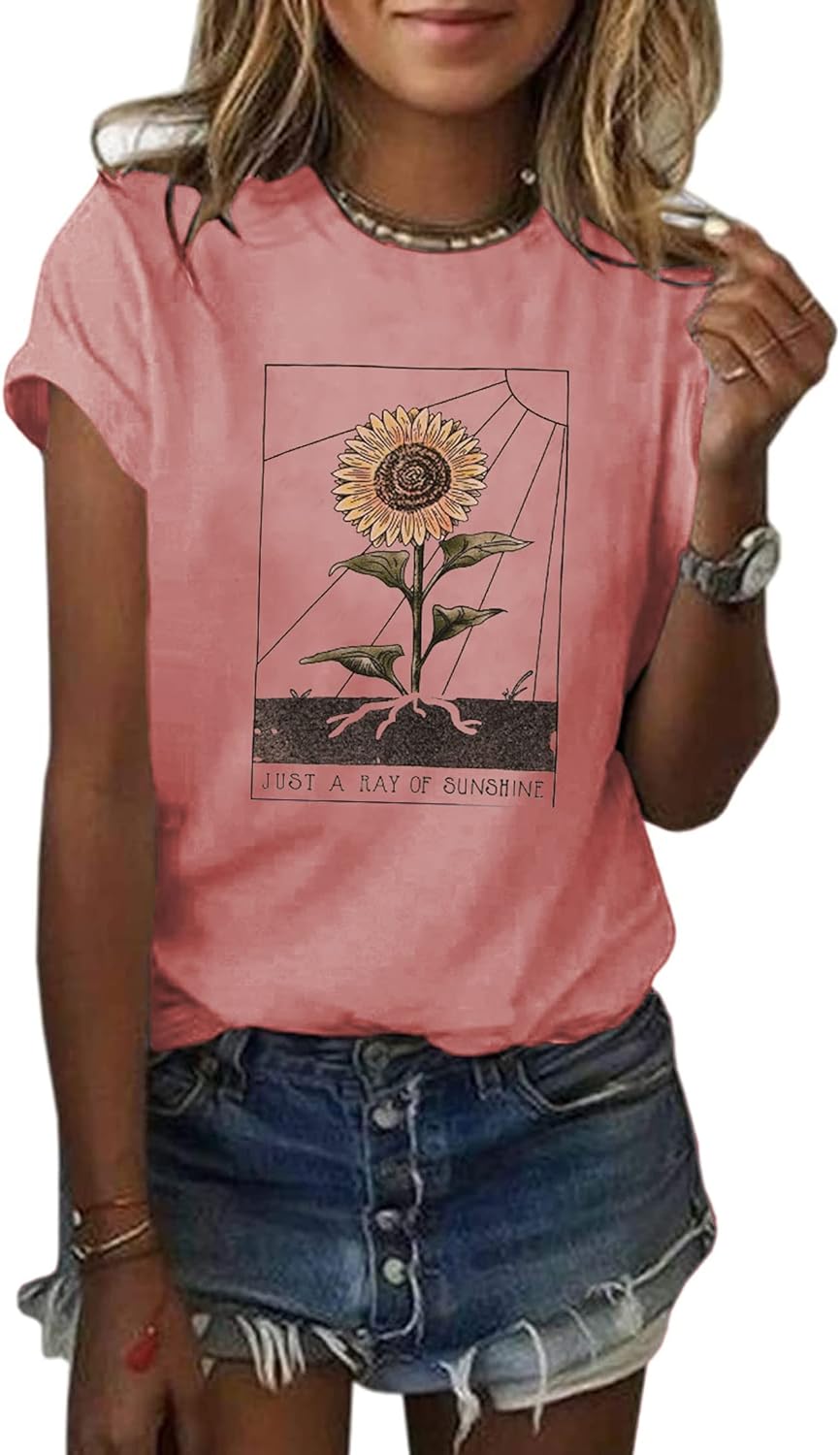 Anbech Womens Dandelion Graphic T-Shirts Teen Girls Cute Sunflower Trendy Clothes Casual Tee Tops