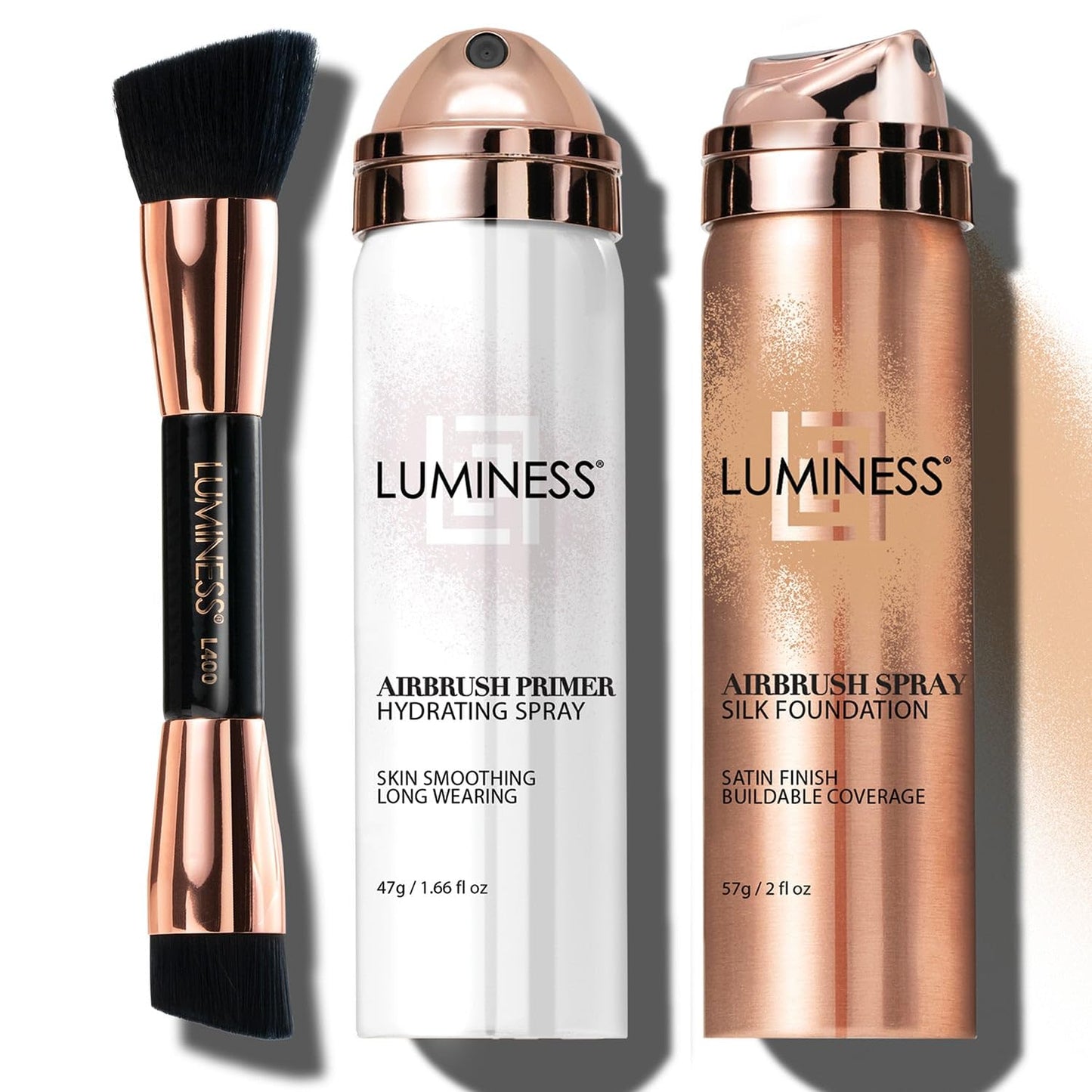 LUMINESS Airbrush Spray Silk Foundation Starter Kit - Medium Dark - Foundation, Primer & Dual-Sided Angled Buffing Brush - Medium, Buildable Coverage, Anti-Aging Formula Hydrates & Moisturizes