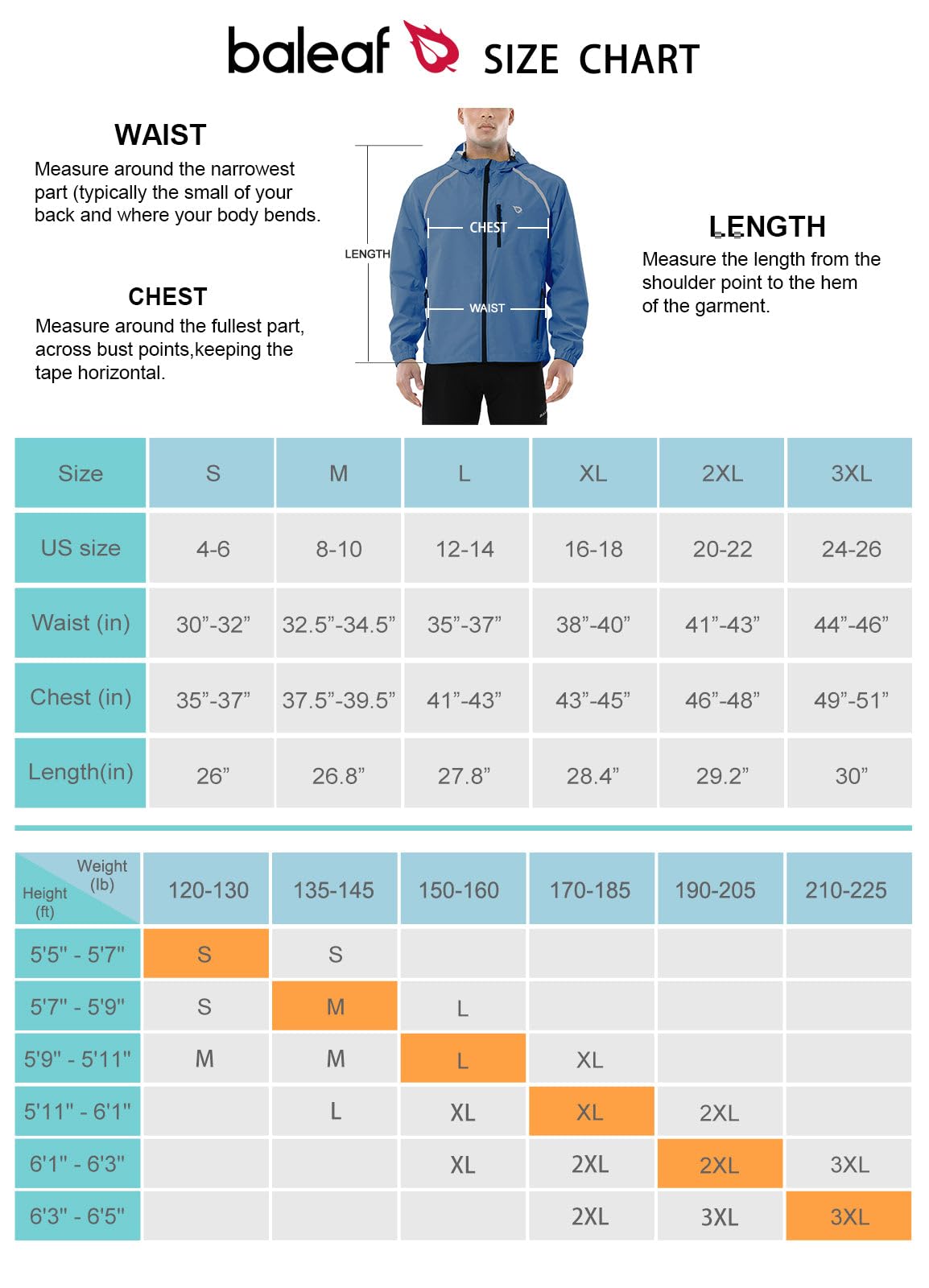 BALEAF Men's Rain Jacket Waterproof Windbreaker Running Cycling Golf Hiking Gear Hood Lightweight Reflective Packable