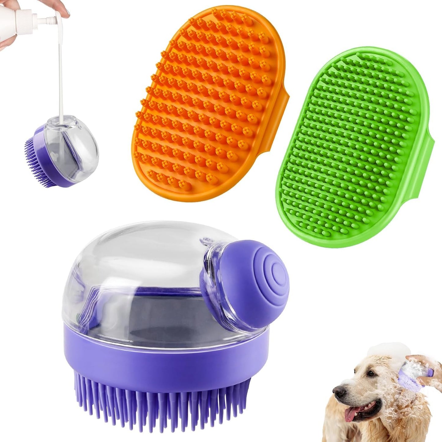 3PCS Dog Bath Brush | Dog Shampoo Brush | Dog Scrubber for Bath | Dog/Grooming/Washing Brush Scrubber with Adjustable Ring Handle for Short & Long Haired Dogs/Cats (Blue Blue White)