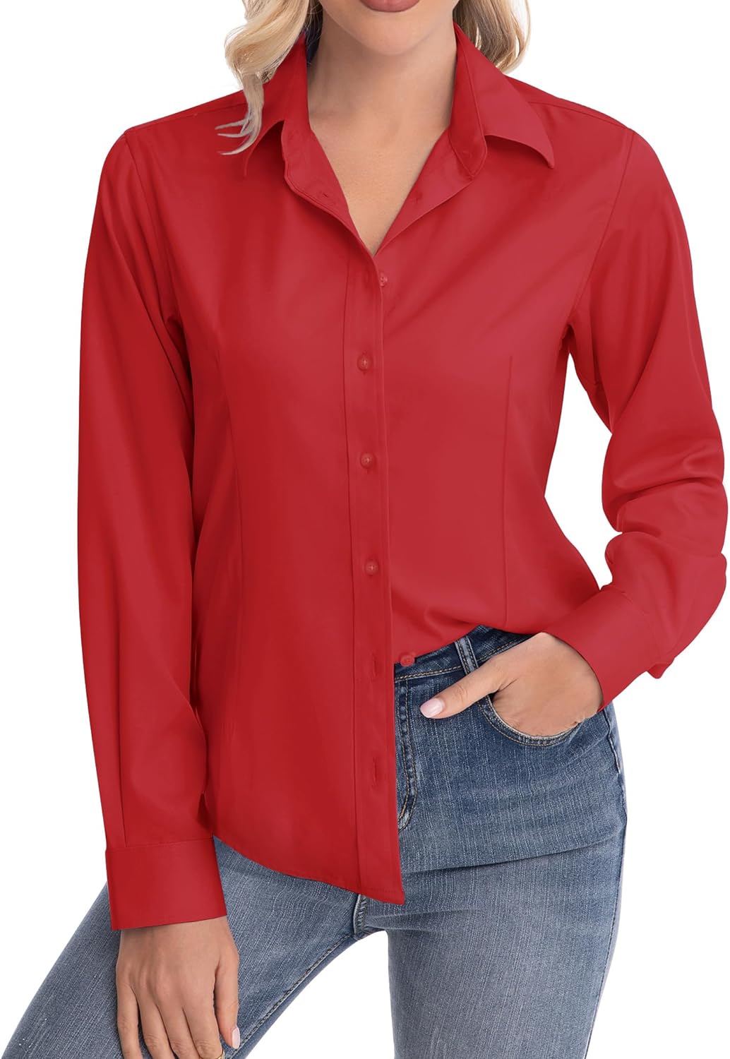 siliteelon Womens Classic-Fit Dress Shirts Long Sleeve Button Down Wrinkle-Free Stretch Solid Casual Work Office Blouse Top