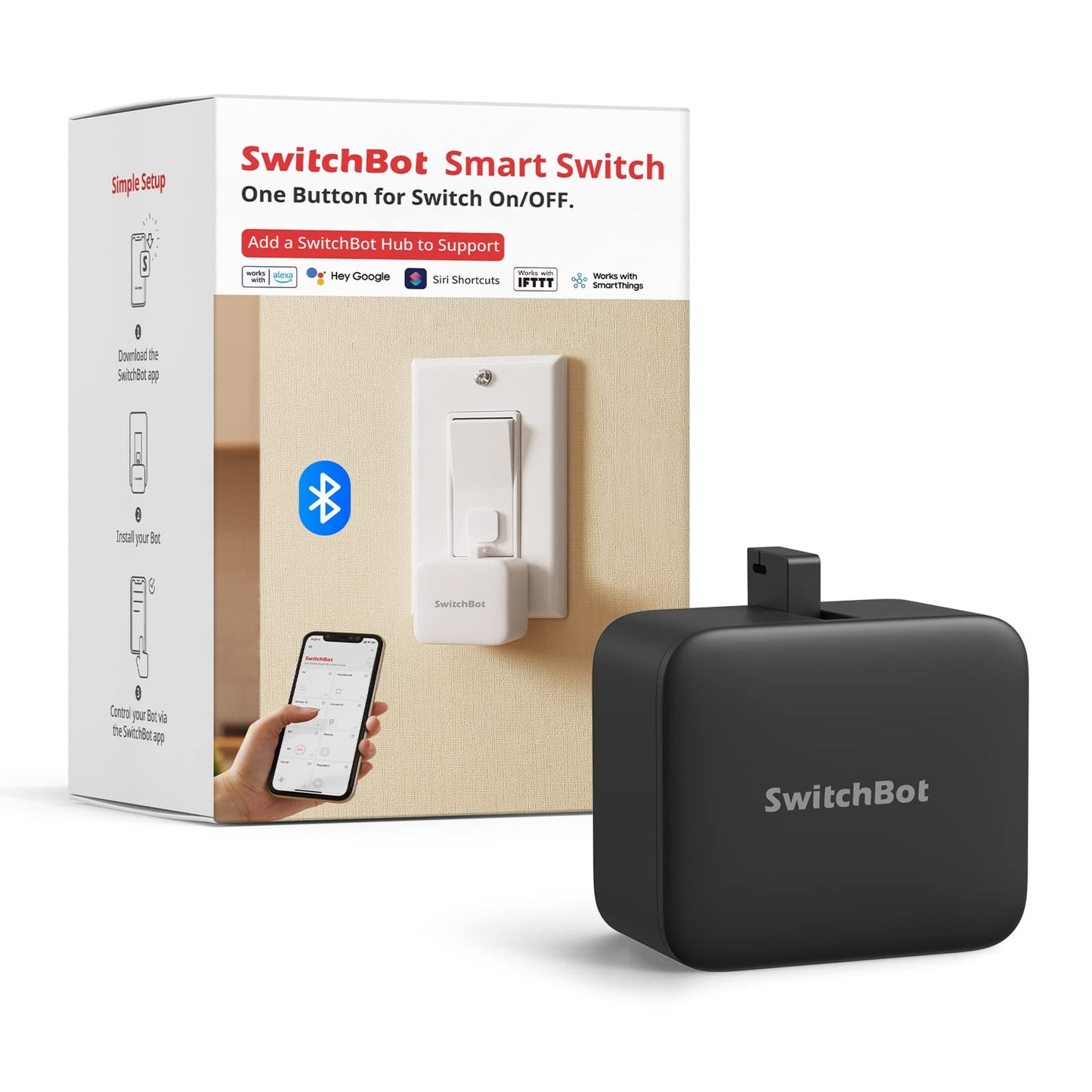 SwitchBot Smart Switch Button Pusher - Bluetooth Fingerbot for Rocker Switch/One-Way Button, Automatic Light Switch, Timer and APP Control, Works with Alexa When Paired with SwitchBot Hub (White)