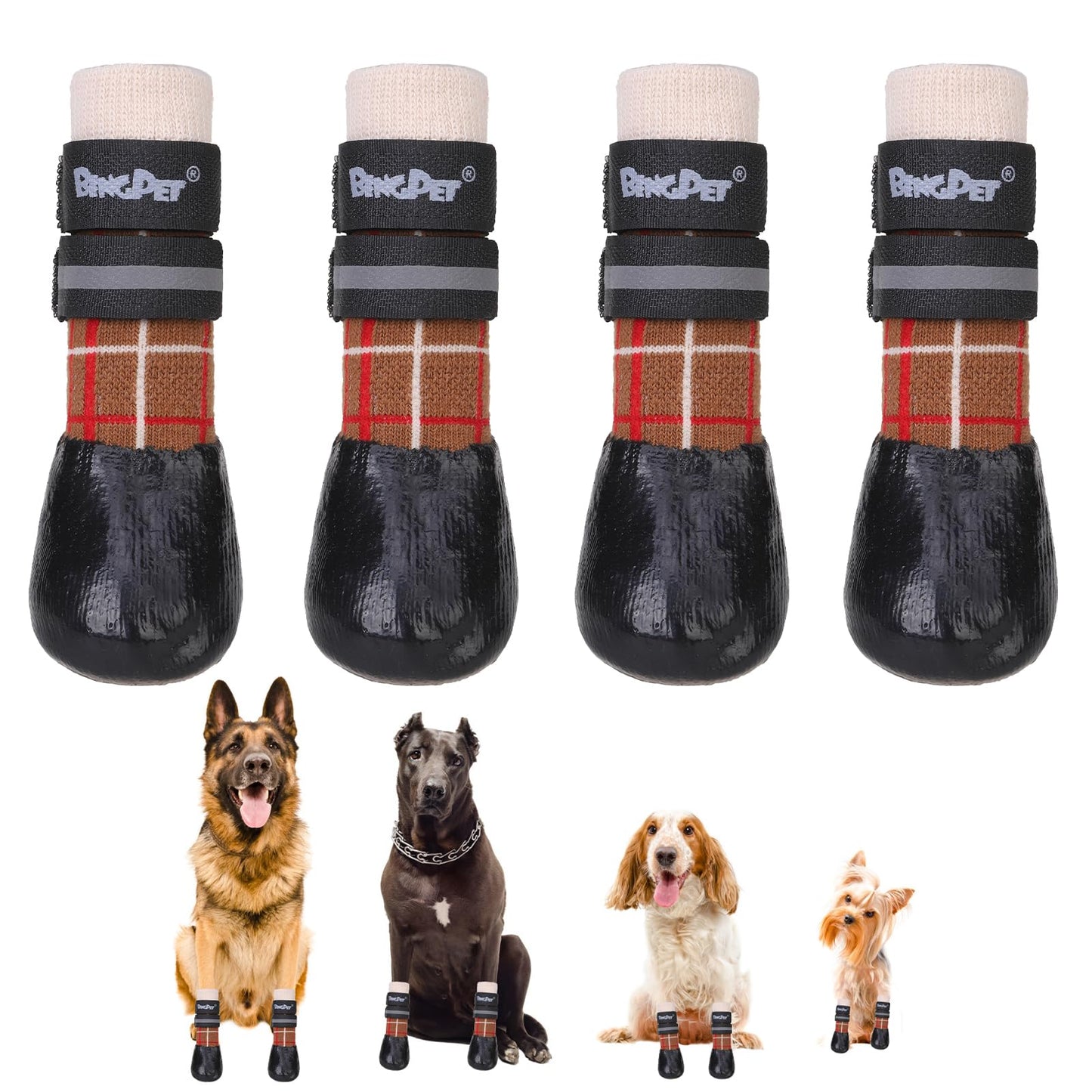 BINGPET Anti-Slip Dog Socks for Hardwood Floors, Injury Prevent Licking Dog Booties, Traction Control Paw Protector Dog Shoes for Hot Pavement with Reflective Straps for Small Medium Large Dogs