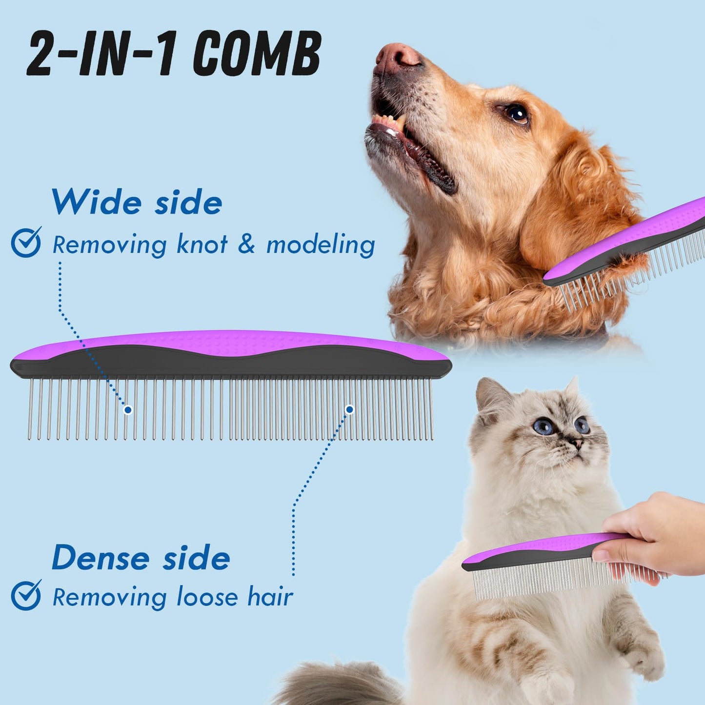 Pet Grooming Brush and Metal Comb Combo, Cat Brush Dog Brush for Shedding, Undercoat Rake for Dogs Grooming Supplies, Dematting Deshedding Brush Dogs Shedding Tool for Long matted Haired Pets, Blue