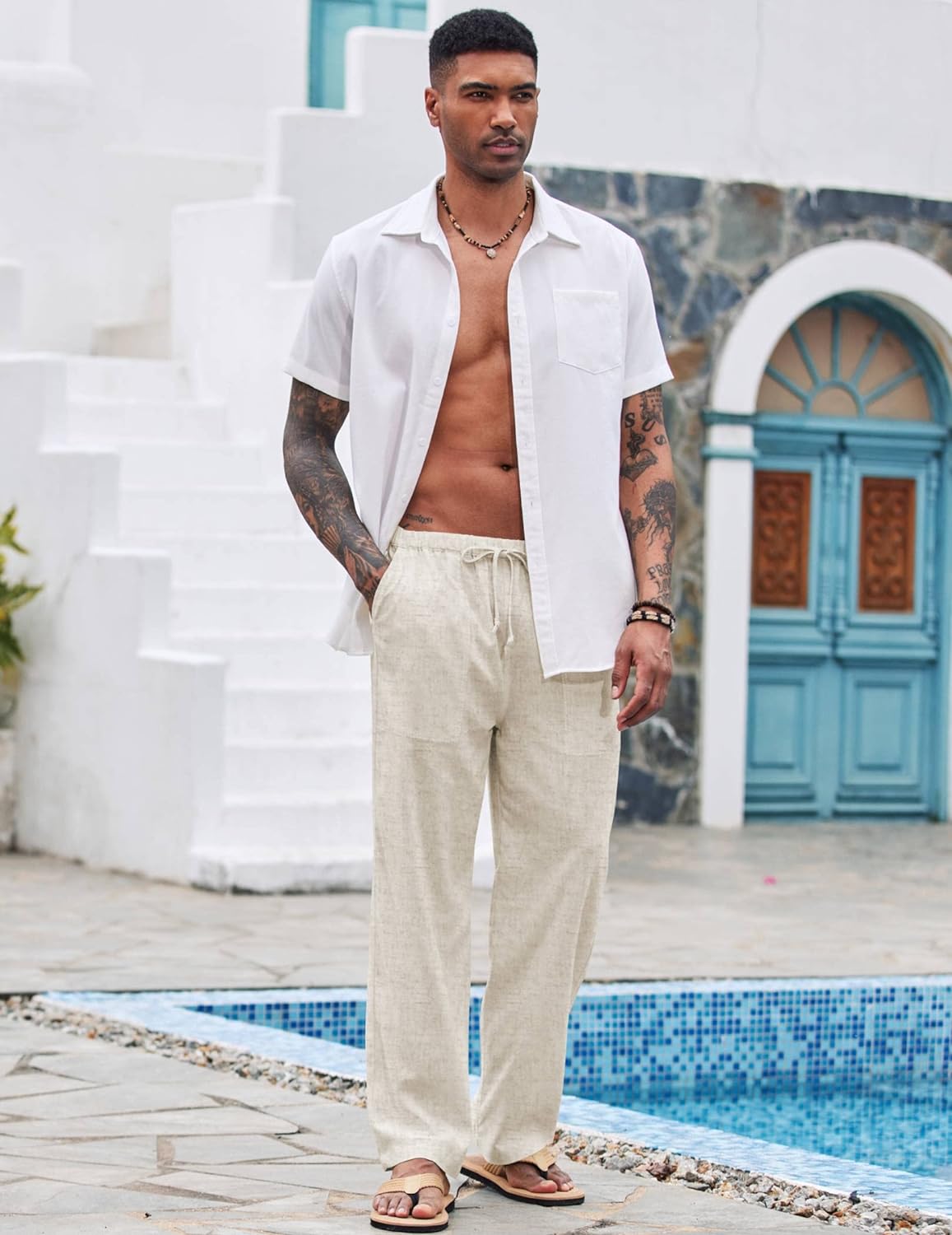 COOFANDY Mens Linen Drawstring Pants Elastic Waist Lightweight Trouser Casual Yoga Summer Beach Pant