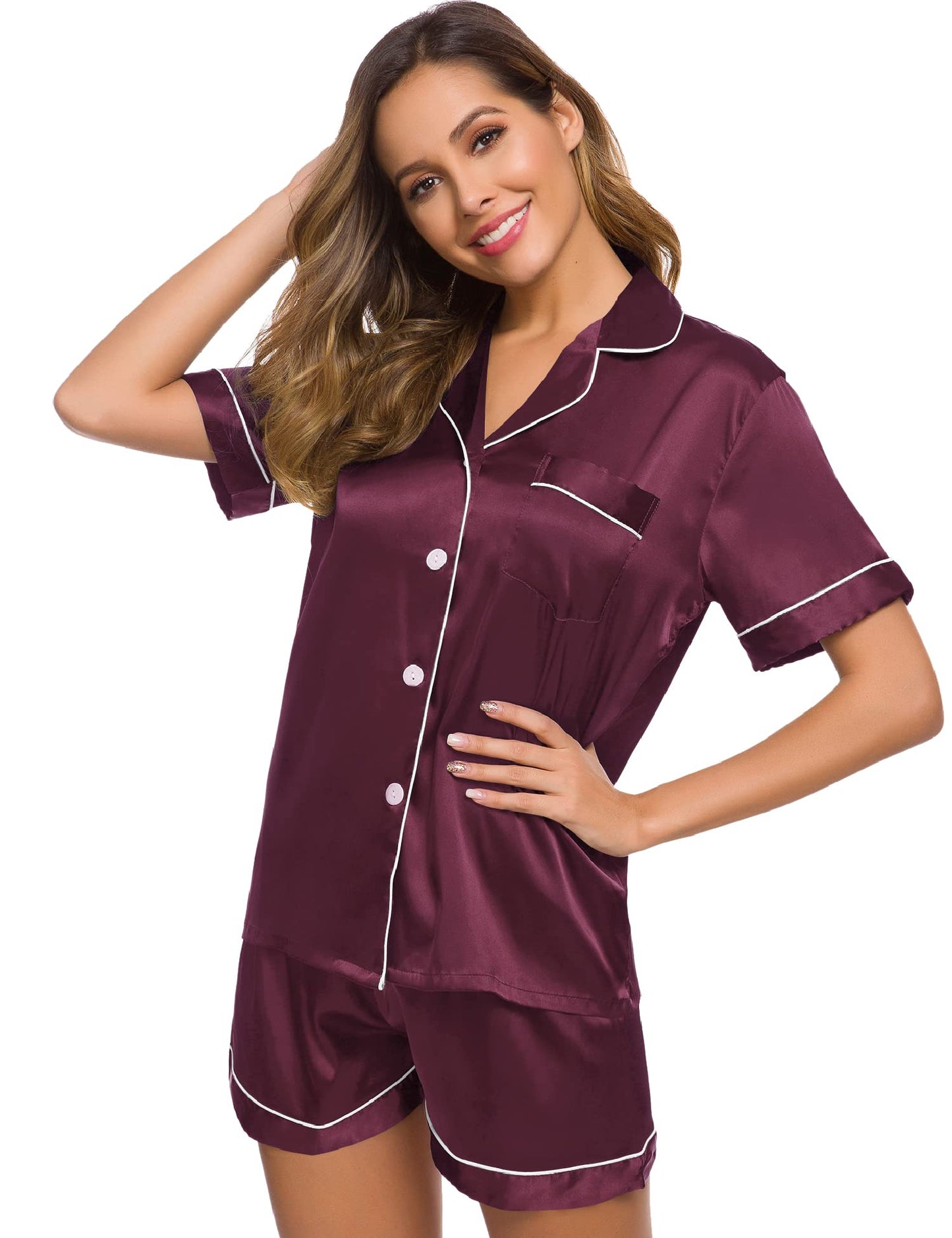 SWOMOG Womens Silk Satin Pajamas Set Two-piece Pj Sets Sleepwear Loungewear Button-Down Pj Sets