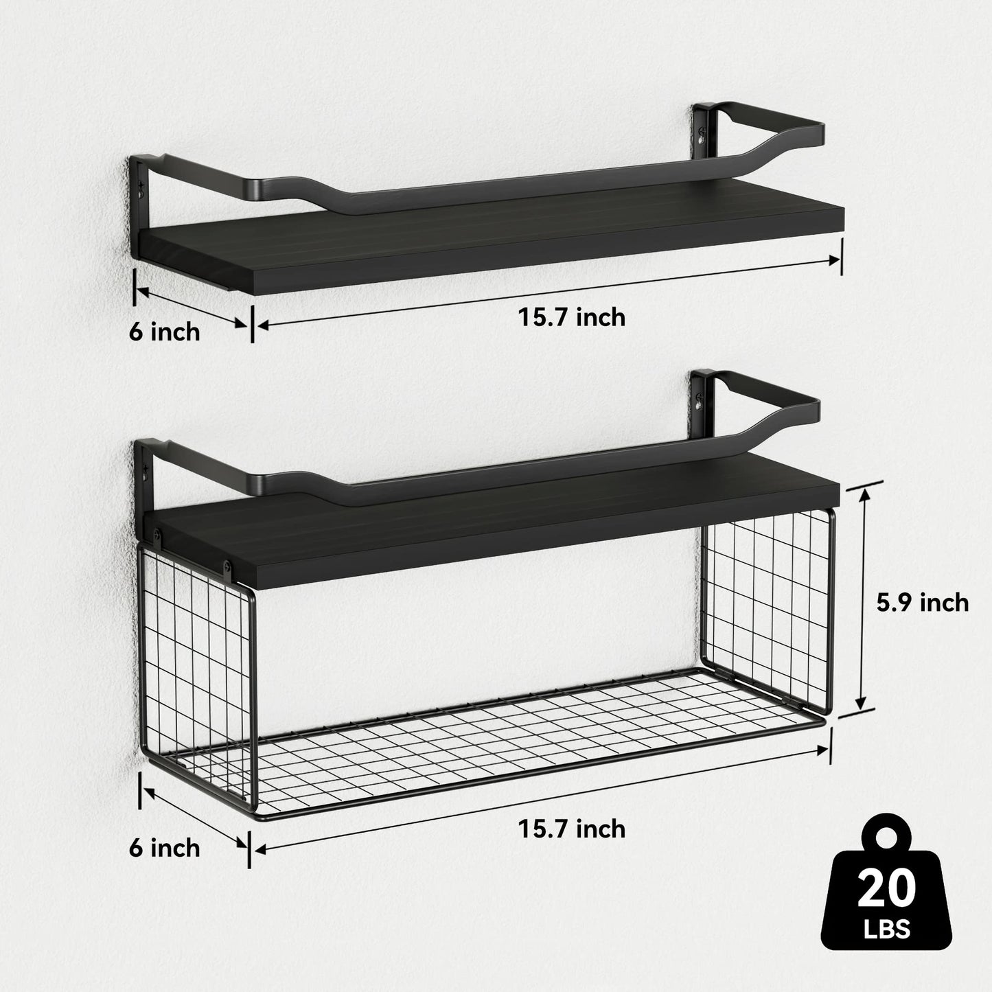 WOPITUES Floating Shelves with Wire Storage Basket, Bathroom Shelves Over Toilet with Protective Metal Guardrail, Wood Wall Shelves for Bathroom, Bedroom, Living Room, Toilet Paper-Black