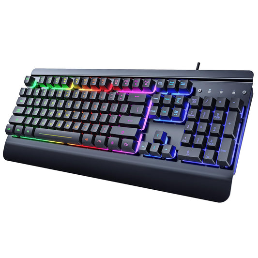 Gaming Keyboard, 104 Keys All-Metal Panel, Rainbow LED Backlit Quiet Computer Keyboard, Wrist Rest, Multimedia Keys, Anti-ghosting Keys, Waterproof Light Up USB Wired Keyboard for PC Mac Xbox