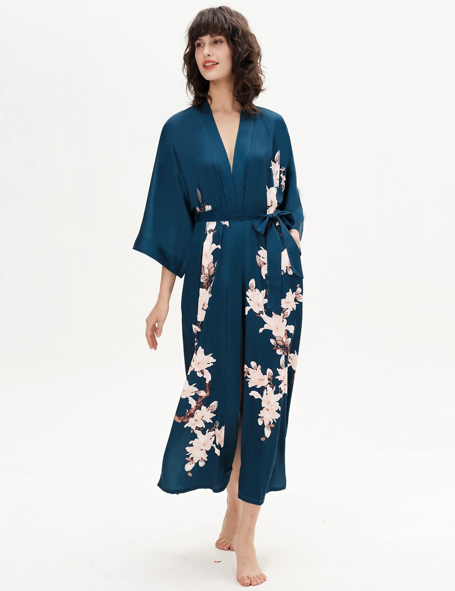 BABEYOND Kimono Robe Cover up Long Floral Satin Sleepwear Silky Bathrobe Bachelorette Robe