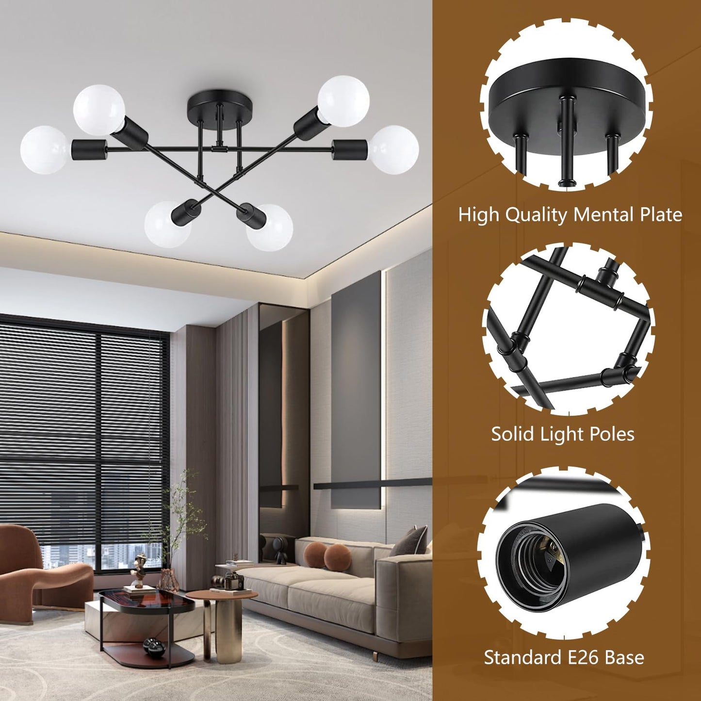 Ceiling Light Fixture, 6-Light Ceiling Light, Modern Dinning Room Light Fixture, Sputnik Light Fixtures Ceiling Mount, Ceiling Light Fixtures Semi Flush Mount Light Fixture for Bedroom, Living Room