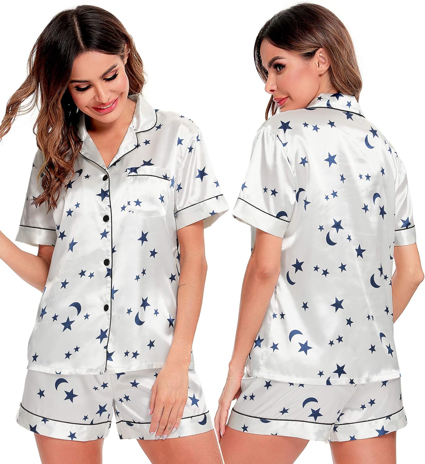 SWOMOG Womens Silk Satin Pajamas Set Two-piece Pj Sets Sleepwear Loungewear Button-Down Pj Sets