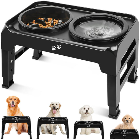 Elevated Dog Bowls, 2-in-1 Dog Feeder with Slow Feeder Dog Bowls & No Spill Dog Water Bowl, 4 Heights Adjustable Raised Dog Bowl Stand Non-Slip & Anti-Dust Dog Food Bowl for Medium Large Dogs, Black