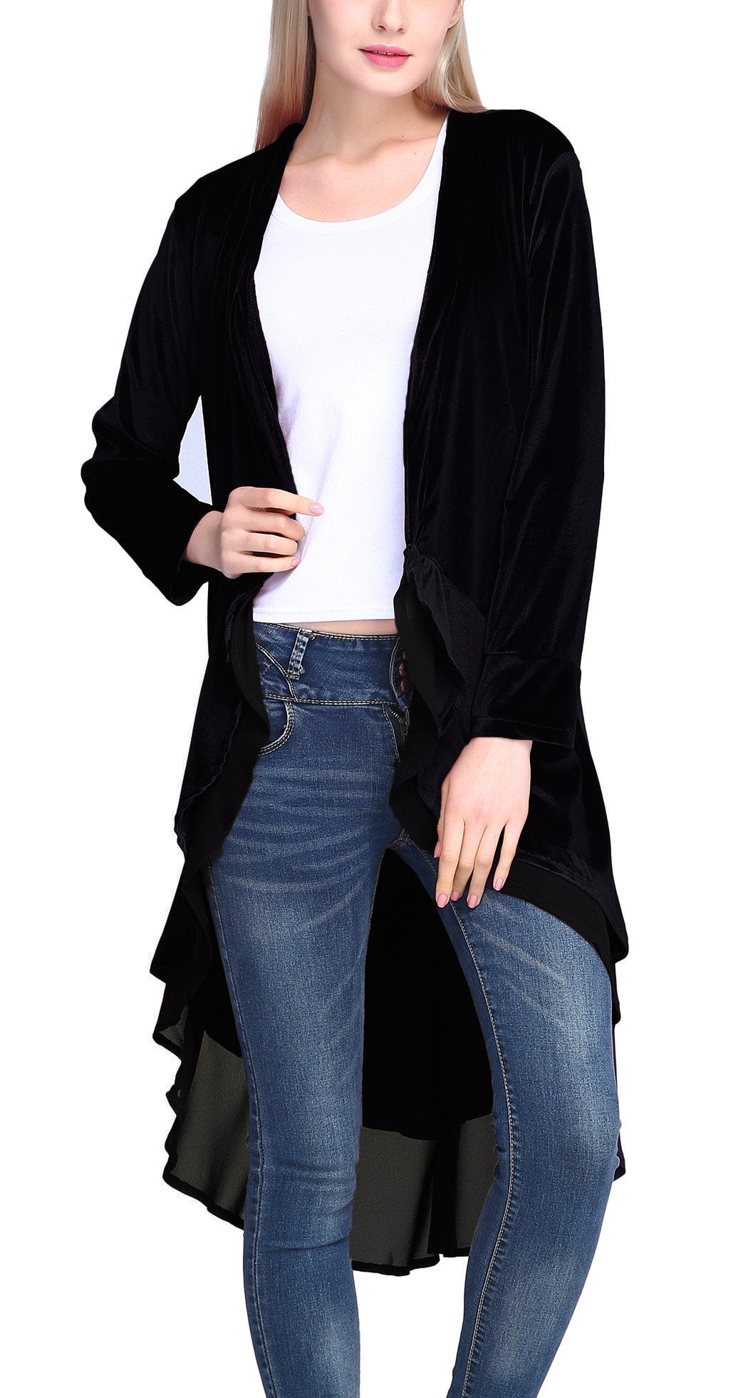 Urban CoCo Women's Long Sleeve Velvet Cardigan Coat with Asymmetric Chiffon Hem