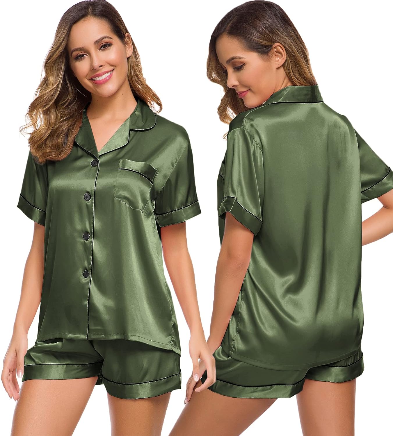 SWOMOG Womens Silk Satin Pajamas Set Two-piece Pj Sets Sleepwear Loungewear Button-Down Pj Sets